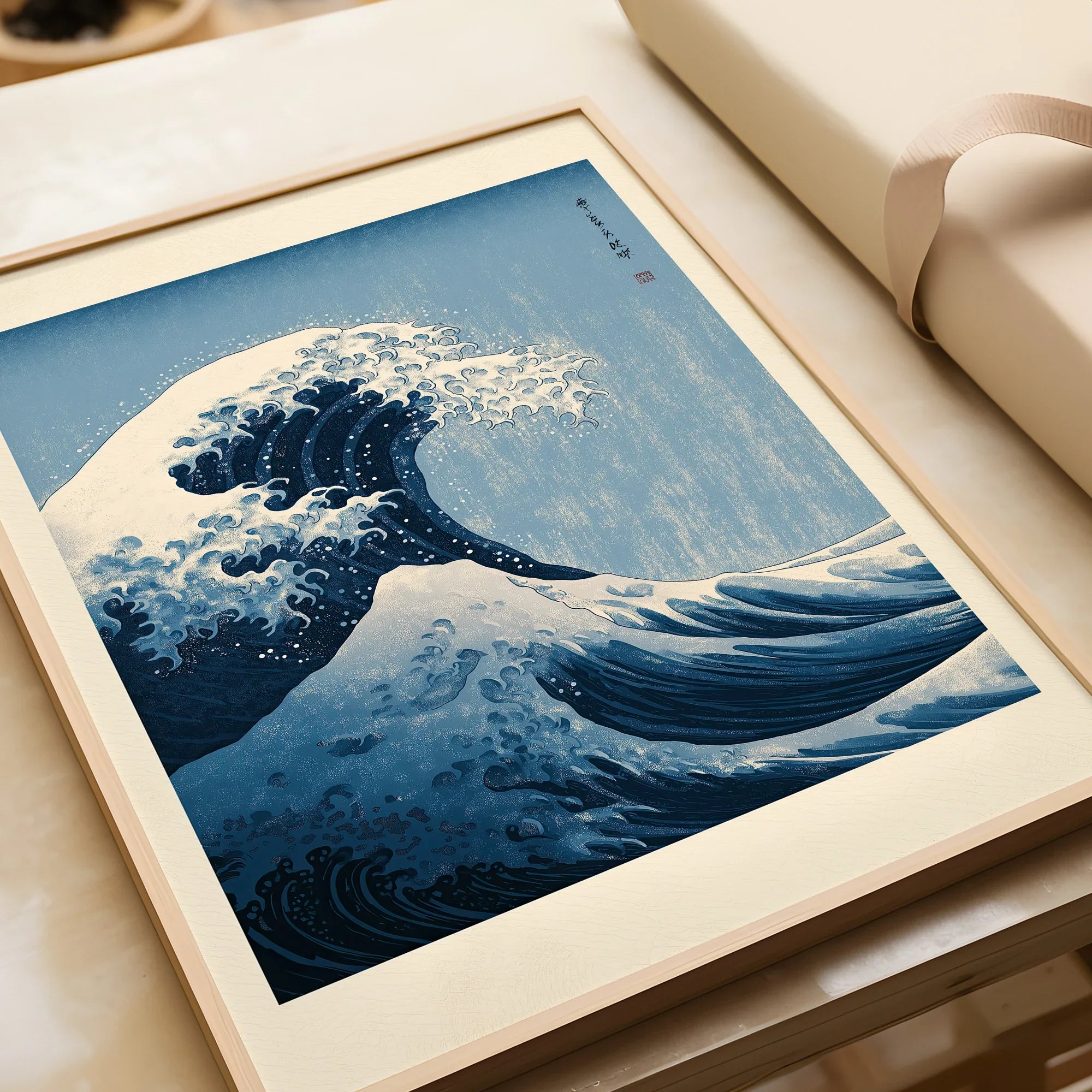 Japanese Wave Art Print – Great Wave Inspired Wall Art — framed art print closeup gift unwrapped natural frame