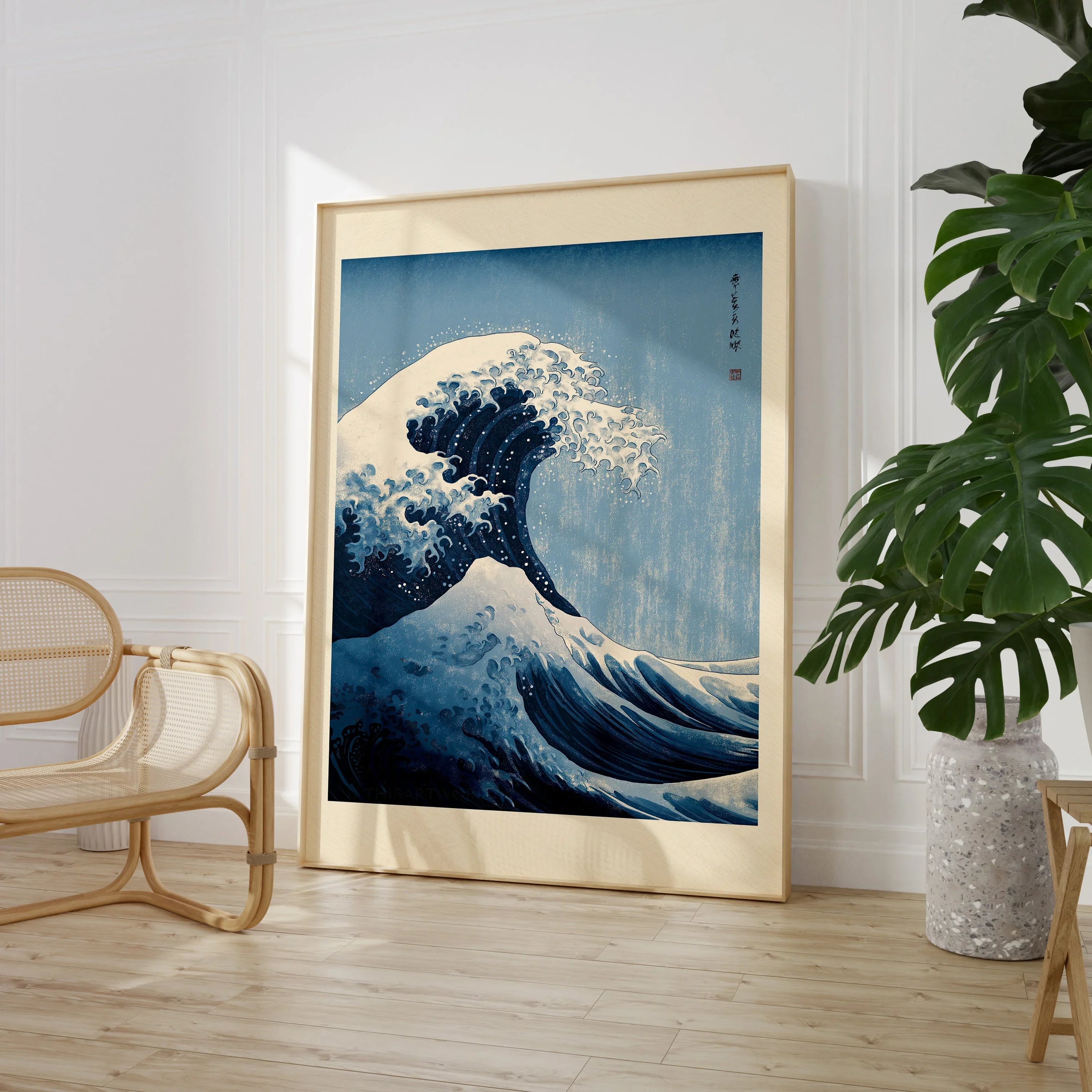 Japanese Wave Art Print – Great Wave Inspired Wall Art — large framed print room setting chair plant