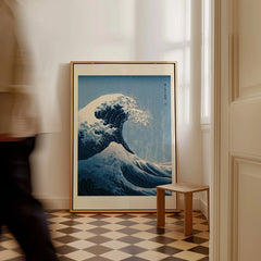 Japanese Wave Art Print – Great Wave Inspired Wall Art — framed canvas on floor man walking past
