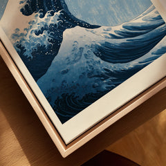 Japanese Wave Art Print – Great Wave Inspired Wall Art — closeup framed canvas natural wood floating frame