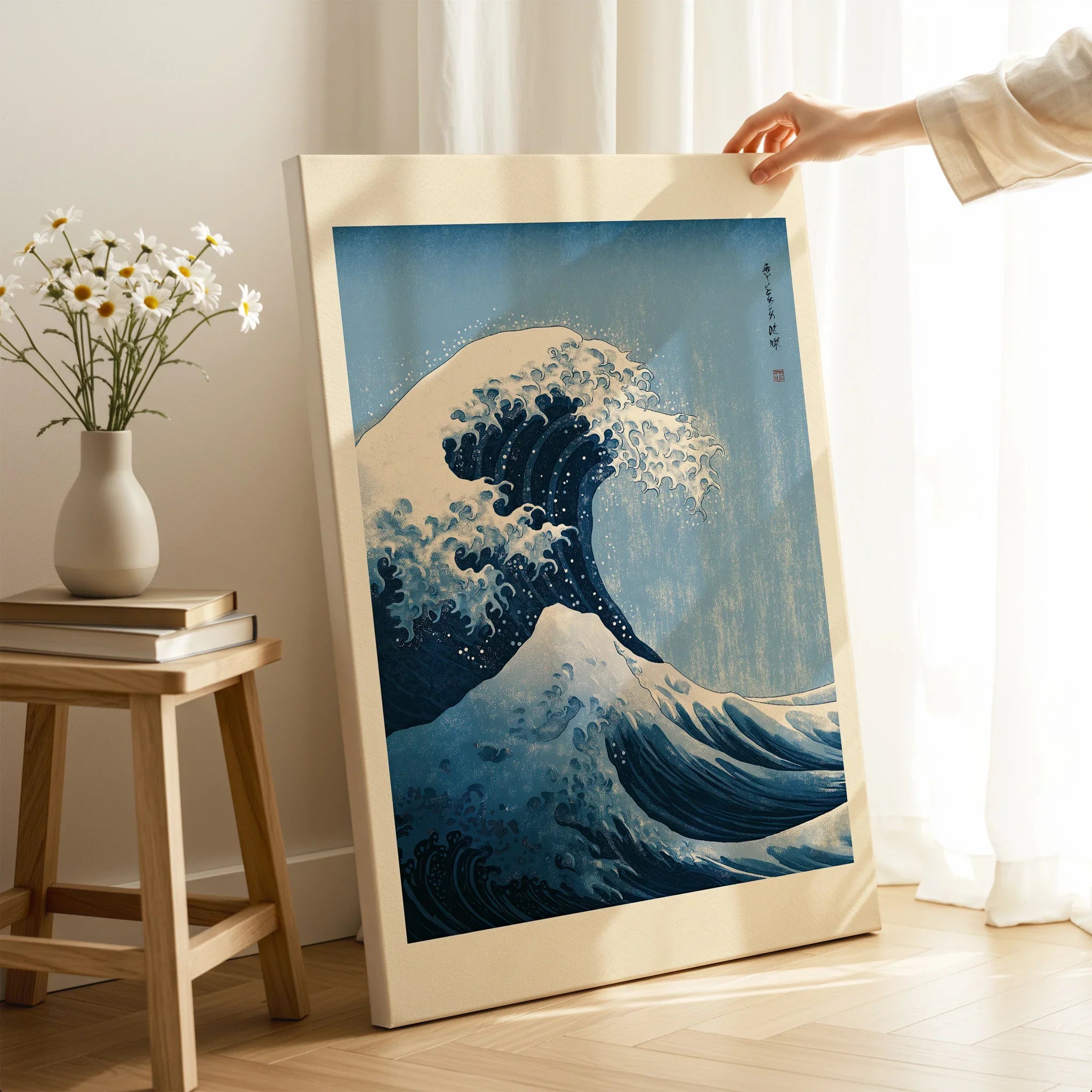 Japanese Wave Art Print – Great Wave Inspired Wall Art — canvas print mirror edge hand holding room setting