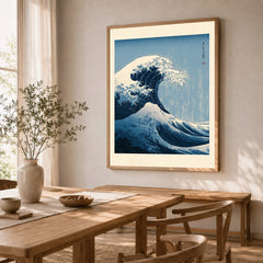 Japanese Wave Art Print – Great Wave Inspired Wall Art — dining room framed print natural wood frame