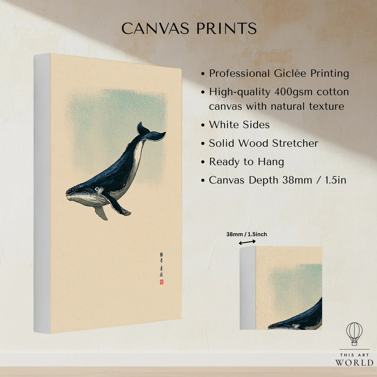 Japanese Whale Art Print – Vintage Sea Life Wall Art — canvas print stretched cotton canvas details