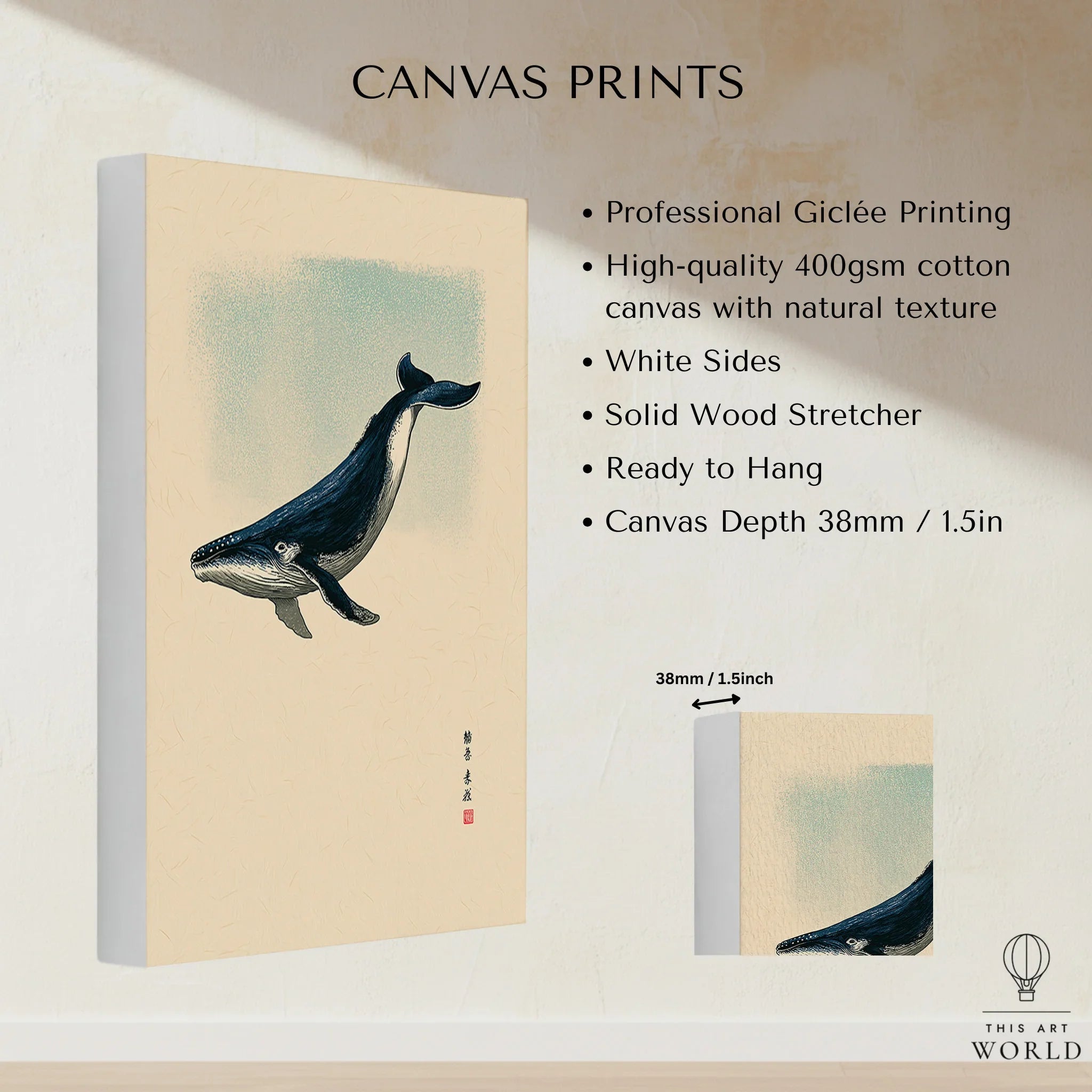 Japanese Whale Art Print – Vintage Sea Life Wall Art — canvas print stretched cotton canvas details