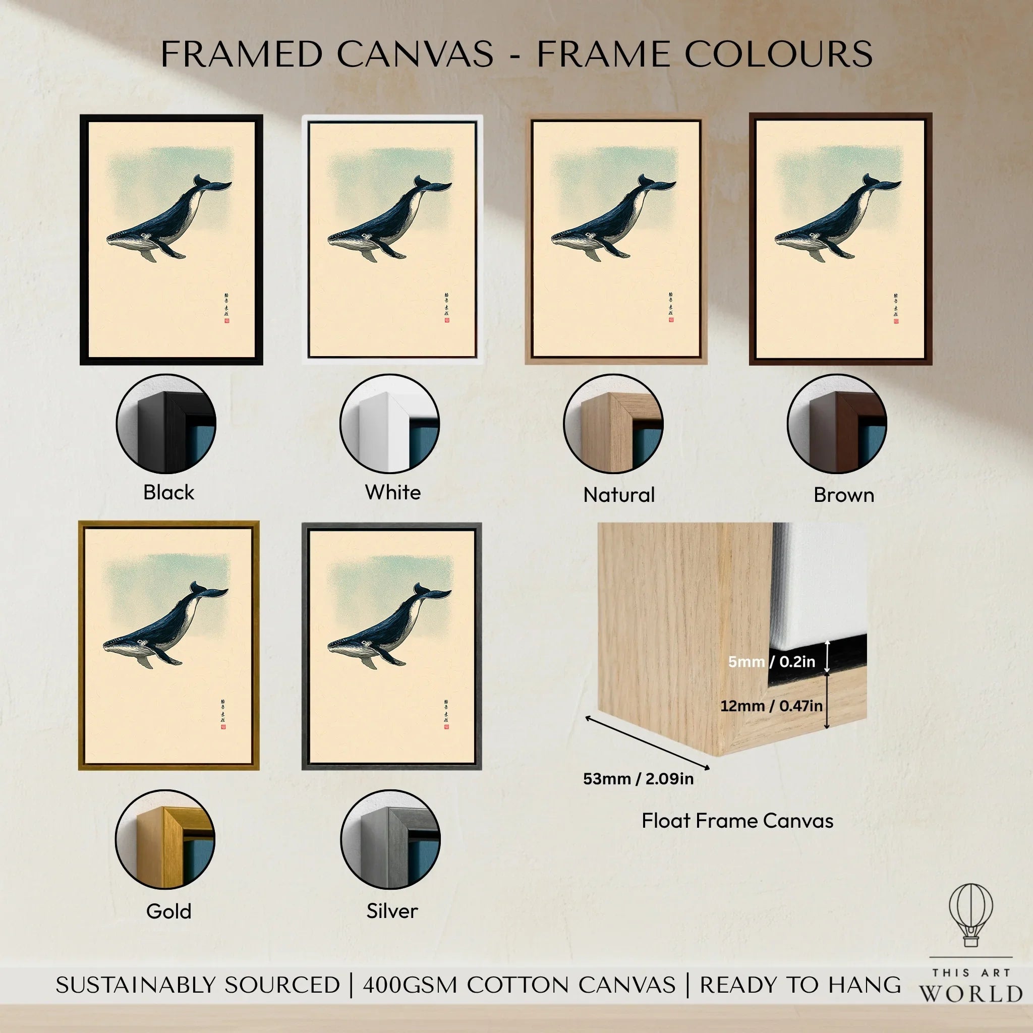 Japanese Whale Art Print – Vintage Sea Life Wall Art — framed canvas float frame colour options