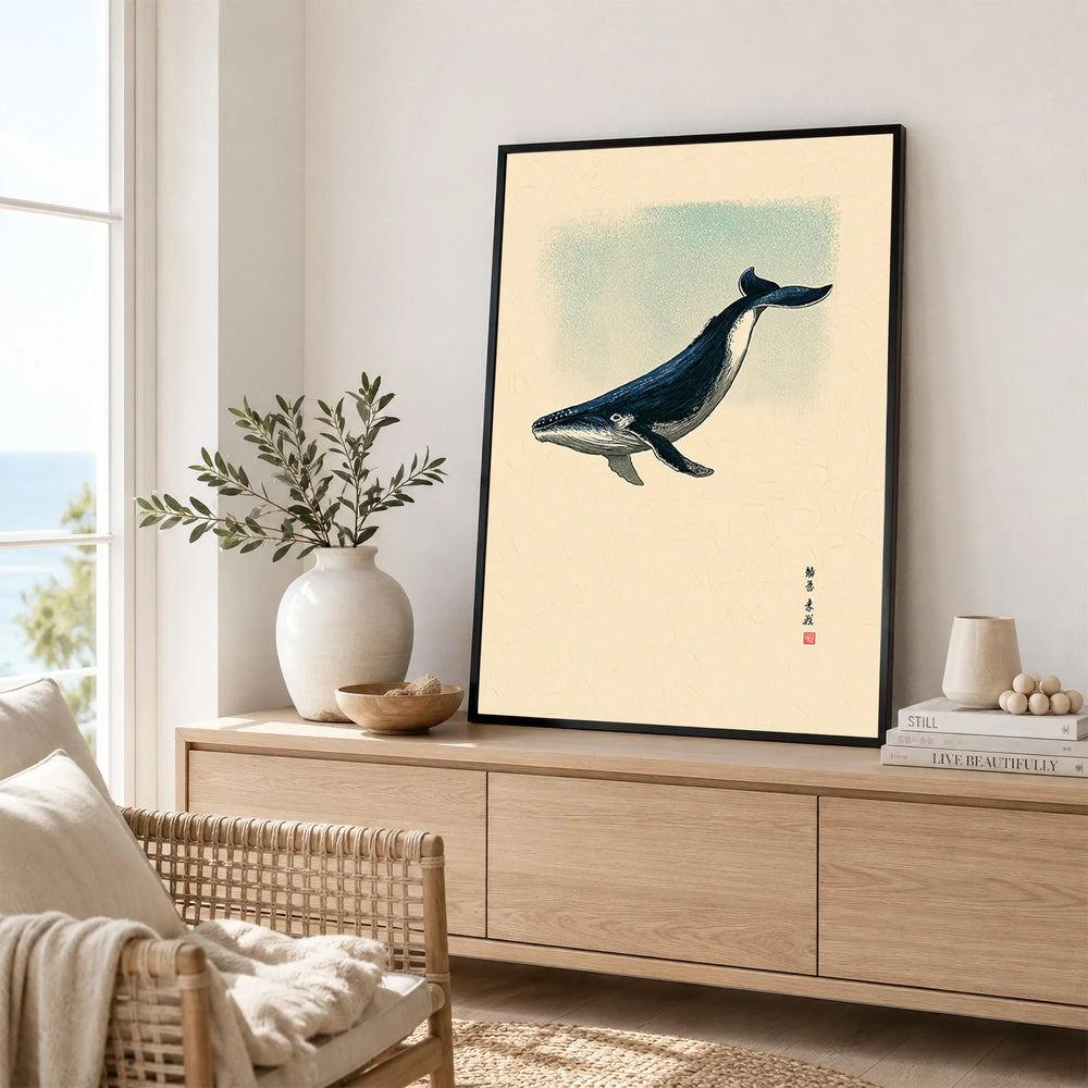 Japanese Whale Art Print – Vintage Sea Life Wall Art — framed artwork living room lifestyle setting