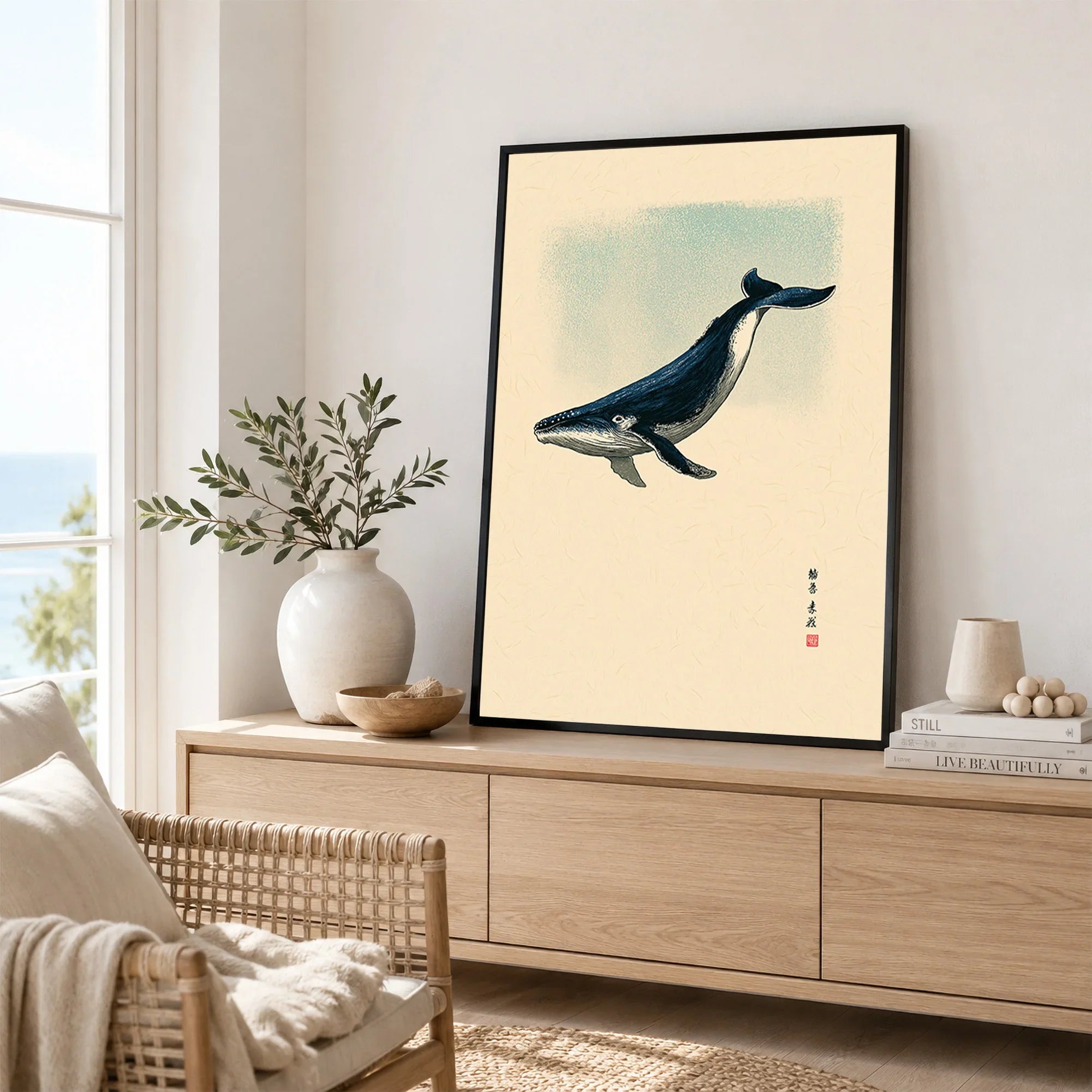 Japanese Whale Art Print – Vintage Sea Life Wall Art — framed artwork living room lifestyle setting