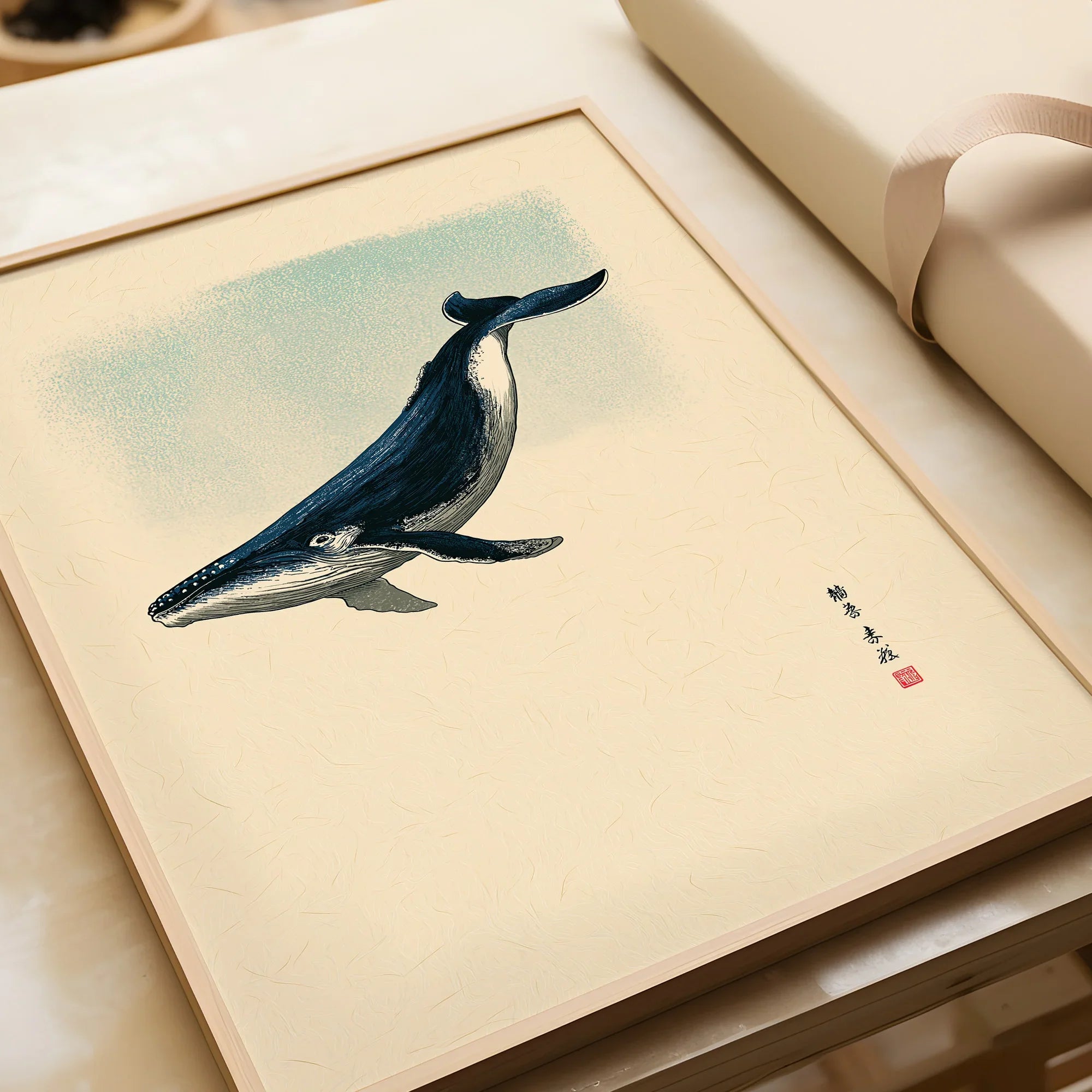 Japanese Whale Art Print – Vintage Sea Life Wall Art — framed art print closeup gift unwrapped natural frame