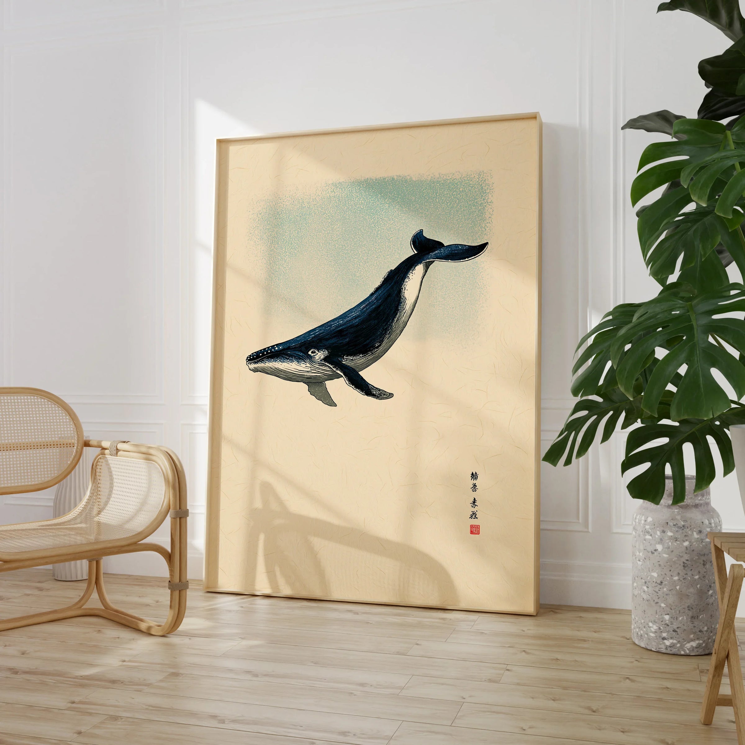 Japanese Whale Art Print – Vintage Sea Life Wall Art — large framed print room setting chair plant