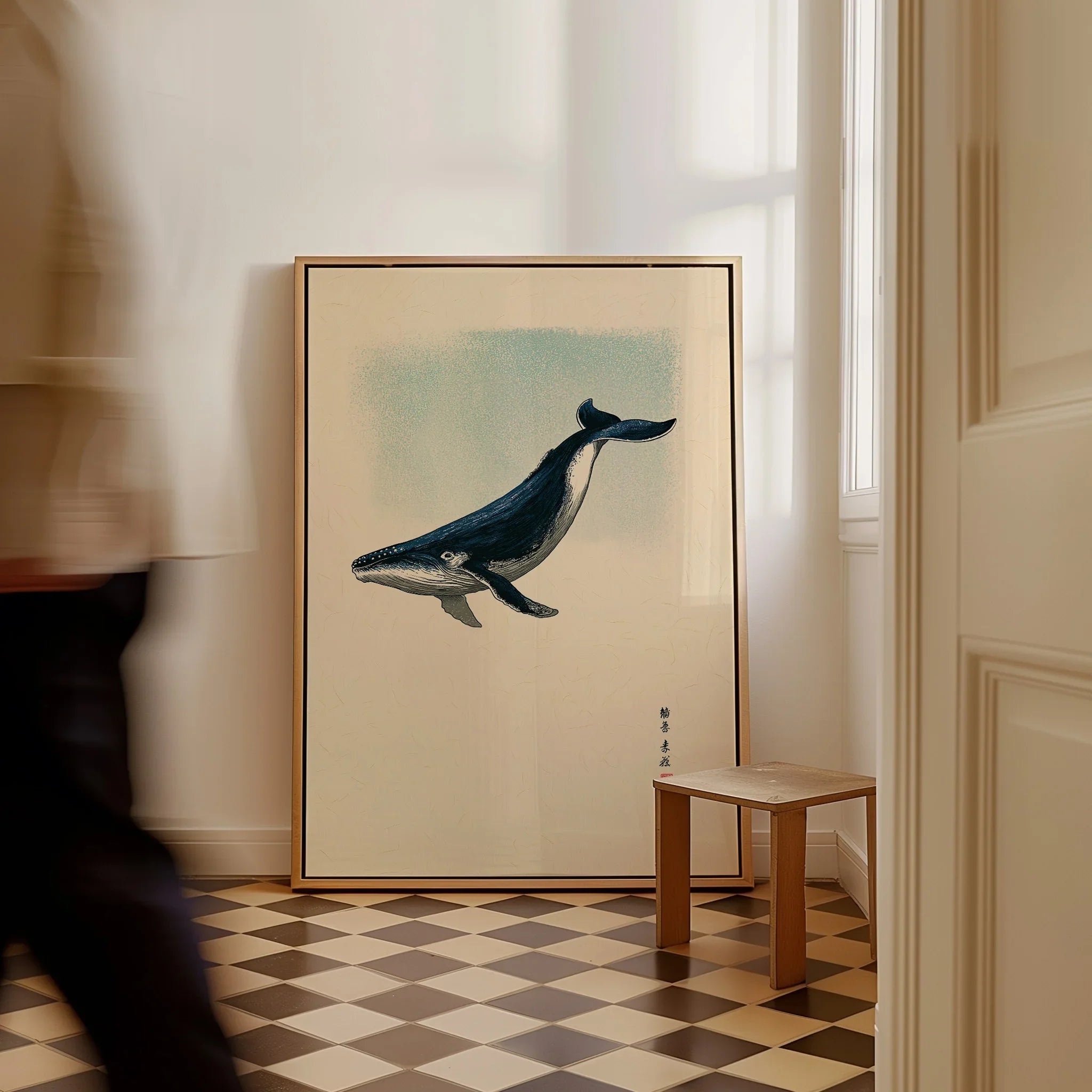 Japanese Whale Art Print – Vintage Sea Life Wall Art — framed canvas on floor man walking past