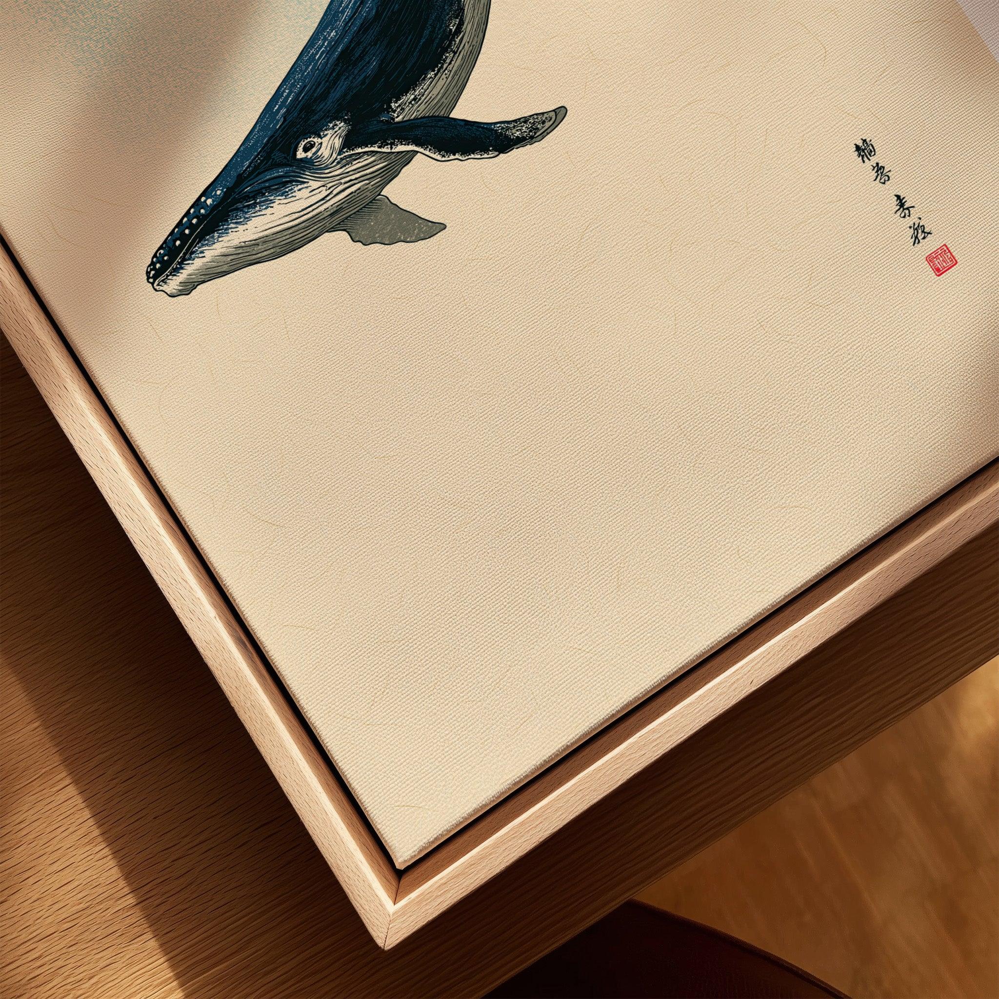Japanese Whale Art Print – Vintage Sea Life Wall Art — closeup framed canvas natural wood floating frame