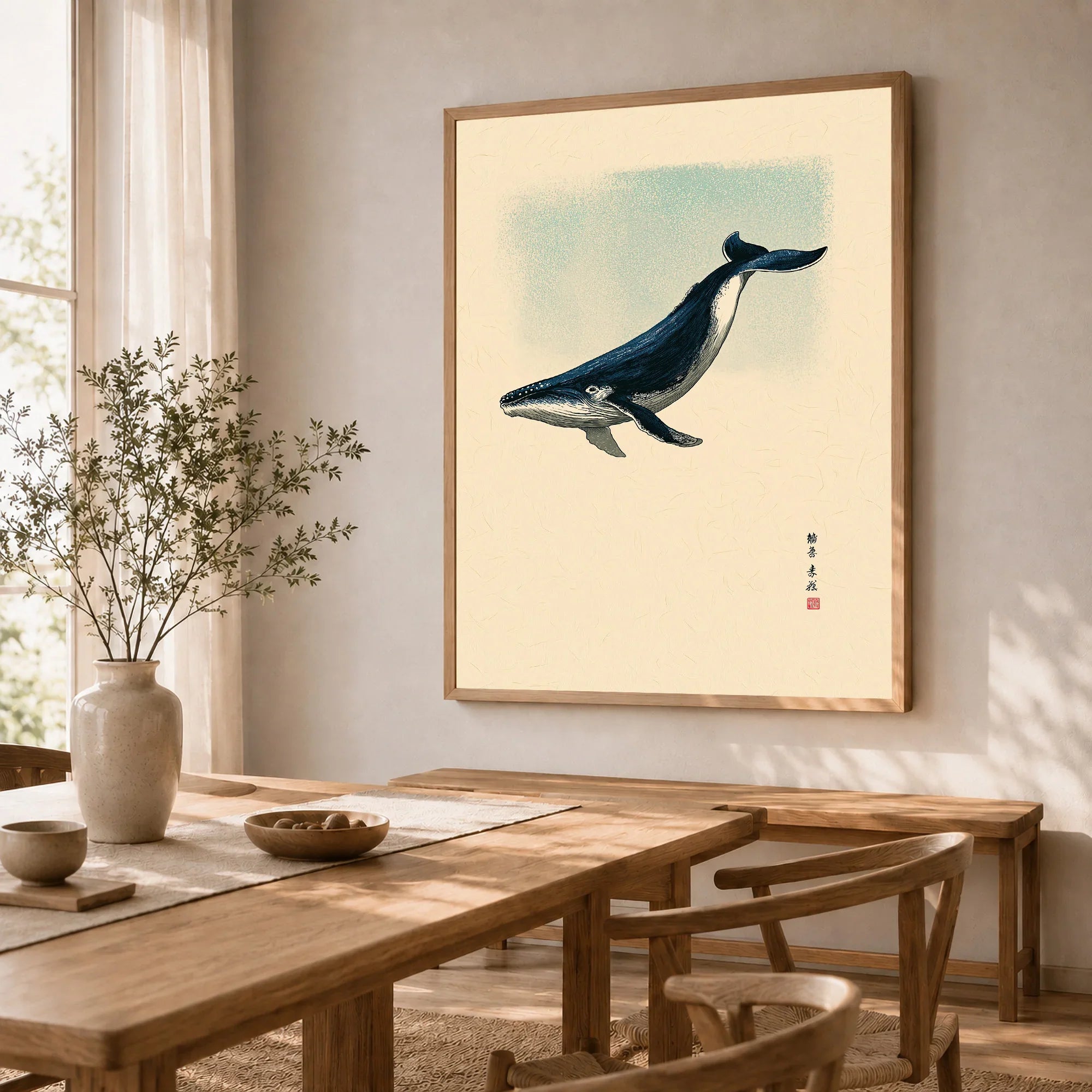 Japanese Whale Art Print – Vintage Sea Life Wall Art — dining room framed print natural wood frame
