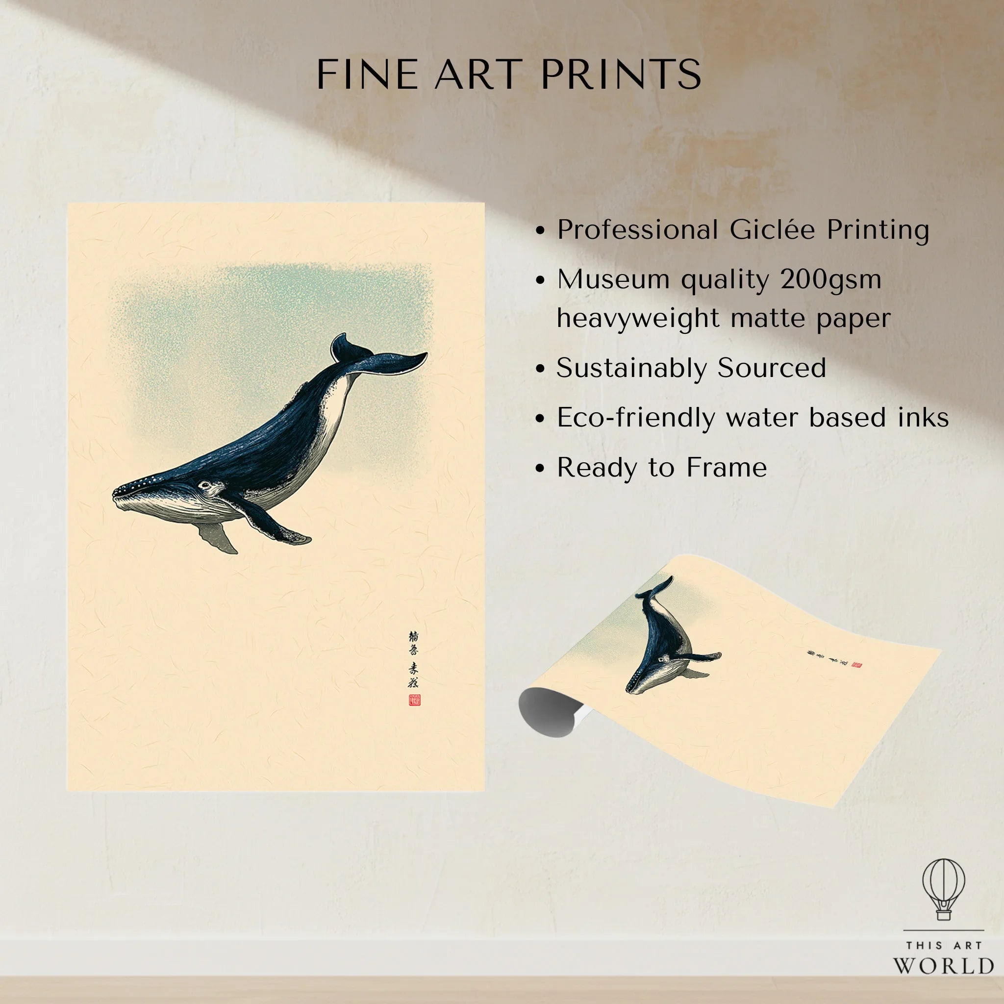 Japanese Whale Art Print – Vintage Sea Life Wall Art — fine art print unframed quality details