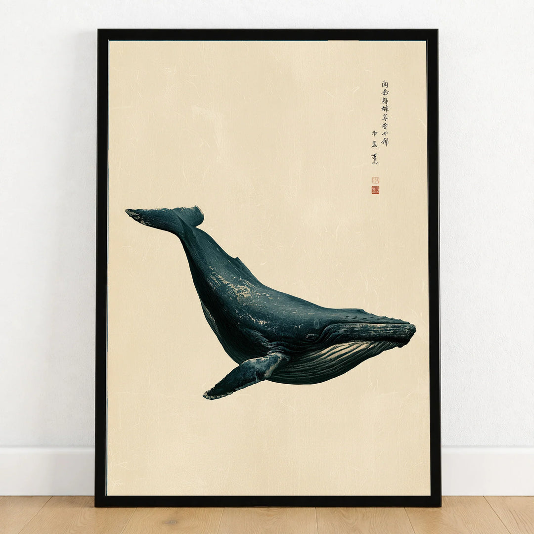 Japanese Whale Wall Art – Vintage Coastal Art Print — art print in black frame on wooden floor