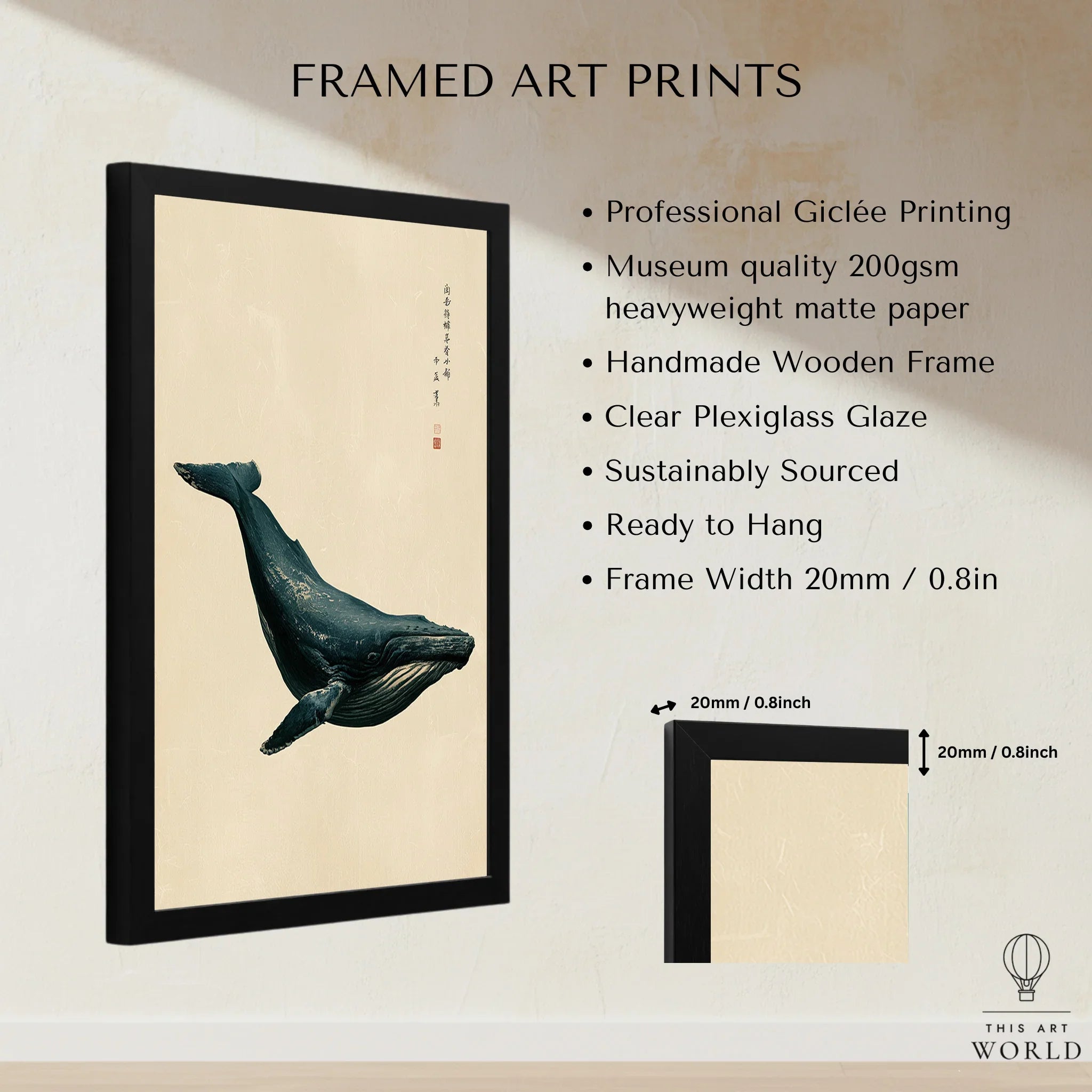 Japanese Whale Wall Art – Vintage Coastal Art Print — framed print details measurements quality details