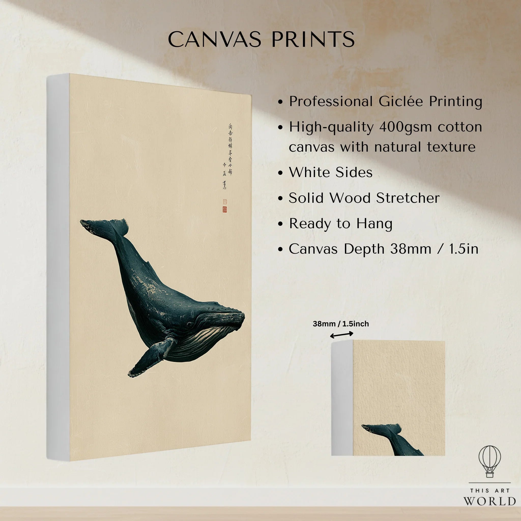 Japanese Whale Wall Art – Vintage Coastal Art Print — canvas print stretched cotton canvas details