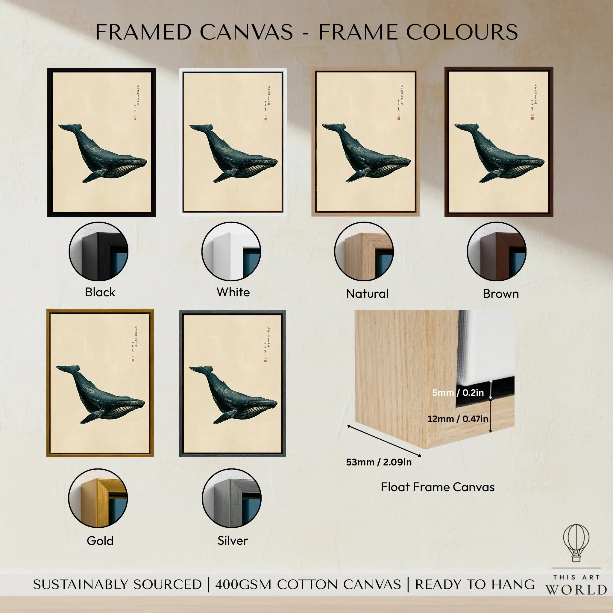 Japanese Whale Wall Art – Vintage Coastal Art Print — framed canvas float frame colour options