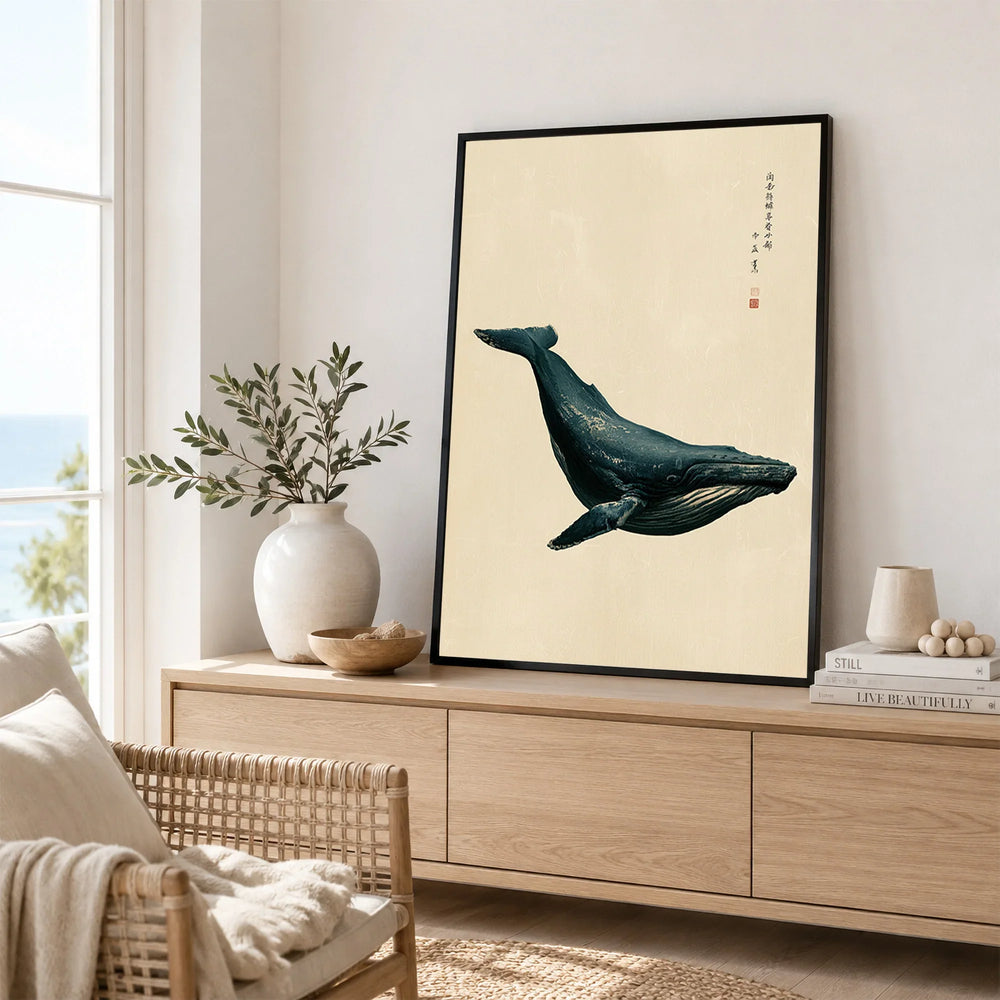Japanese Whale Wall Art – Vintage Coastal Art Print — framed artwork living room lifestyle setting