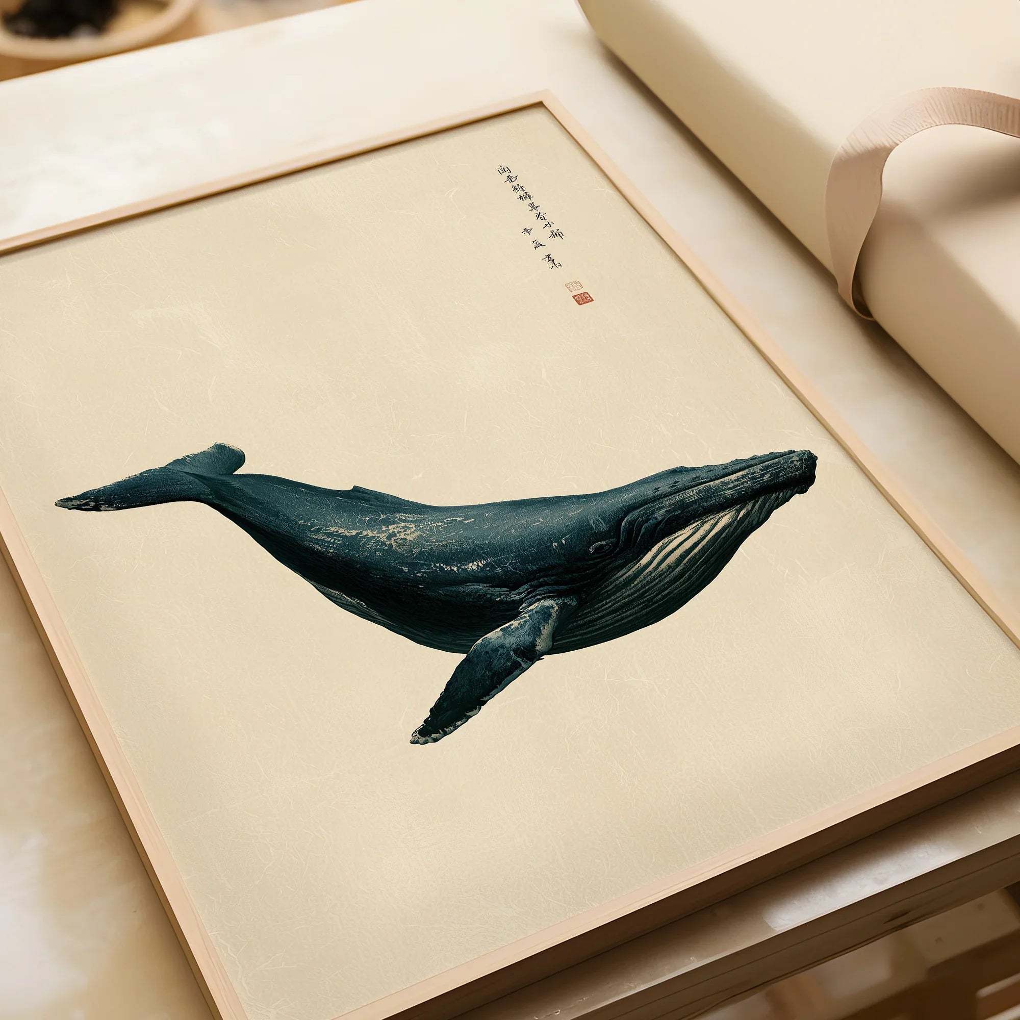 Japanese Whale Wall Art – Vintage Coastal Art Print — framed art print closeup gift unwrapped natural frame
