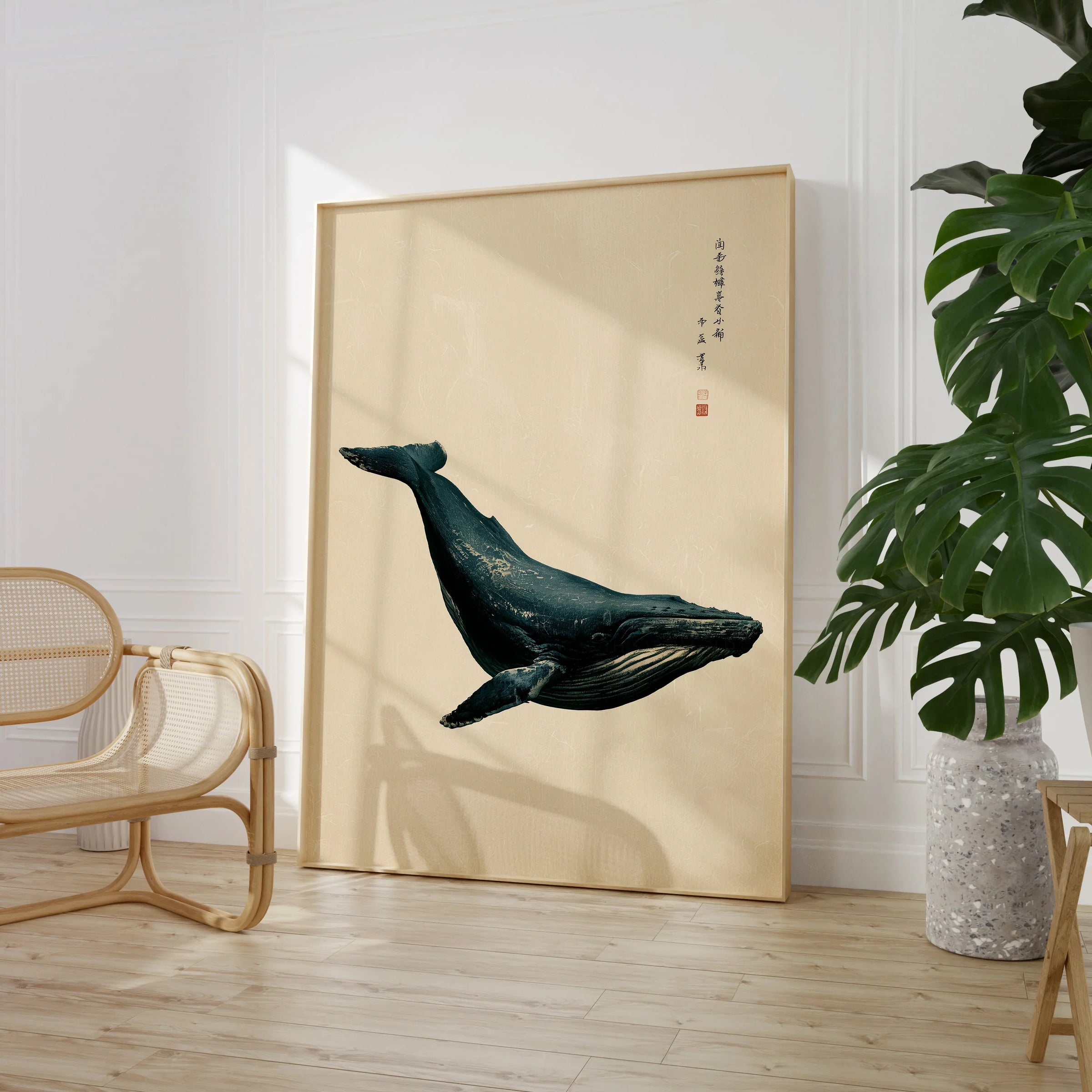 Japanese Whale Wall Art – Vintage Coastal Art Print — large framed print room setting chair plant