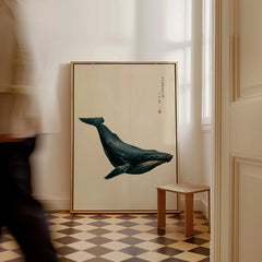 Japanese Whale Wall Art – Vintage Coastal Art Print — framed canvas on floor man walking past