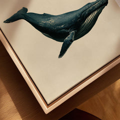 Japanese Whale Wall Art – Vintage Coastal Art Print — closeup framed canvas natural wood floating frame