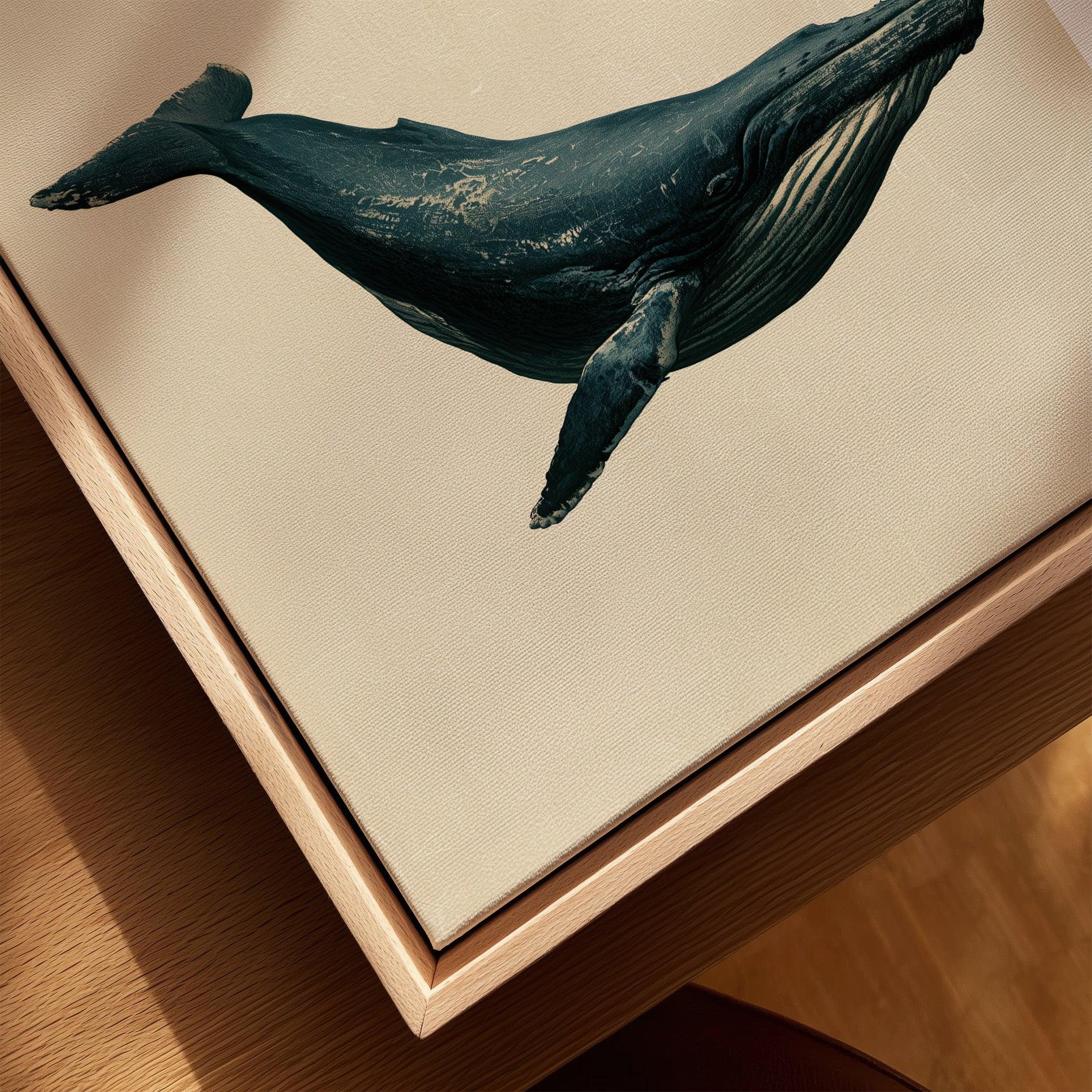 Japanese Whale Wall Art – Vintage Coastal Art Print — closeup framed canvas natural wood floating frame