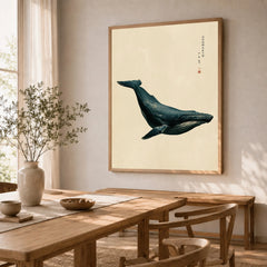 Japanese Whale Wall Art – Vintage Coastal Art Print — dining room framed print natural wood frame