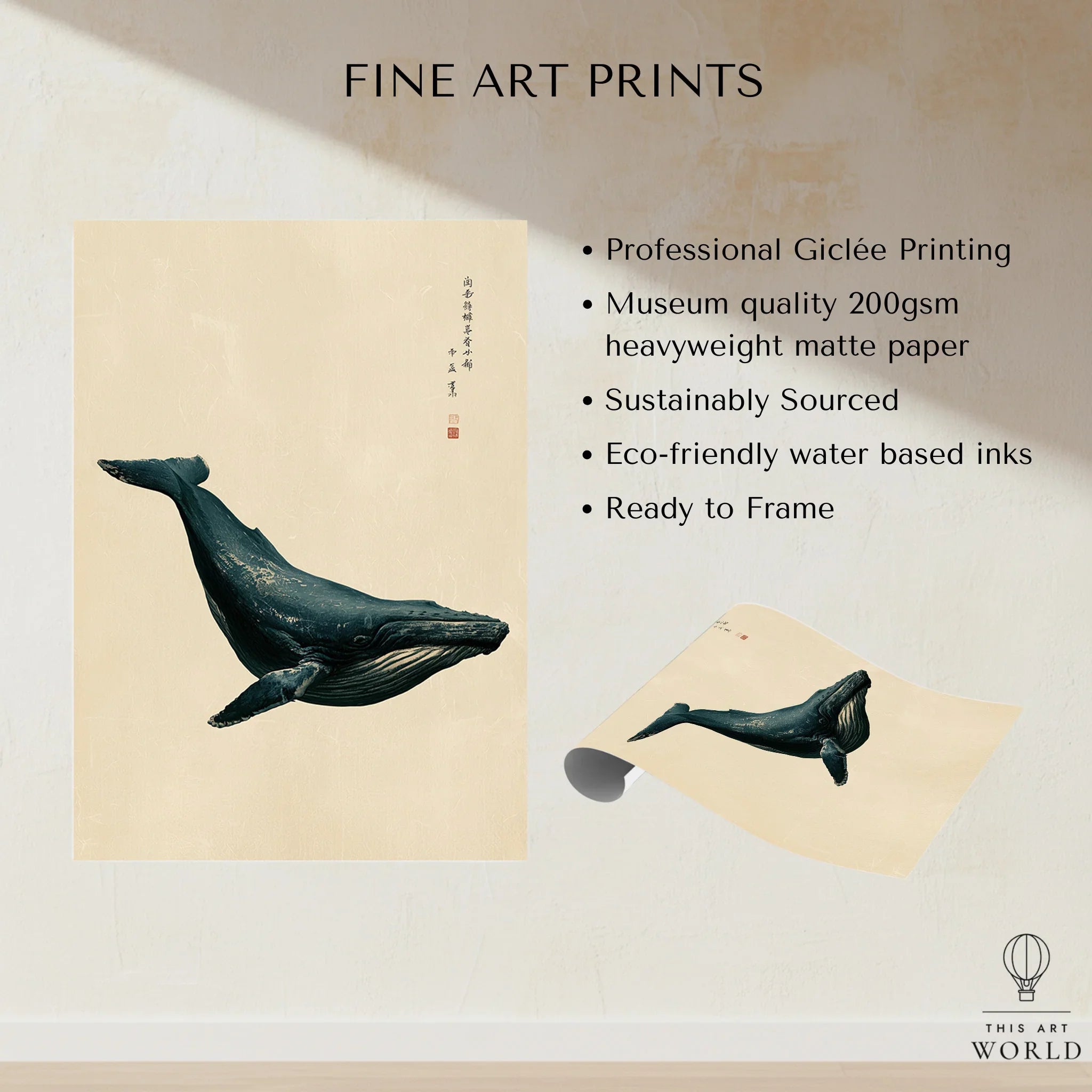 Japanese Whale Wall Art – Vintage Coastal Art Print — fine art print unframed quality details