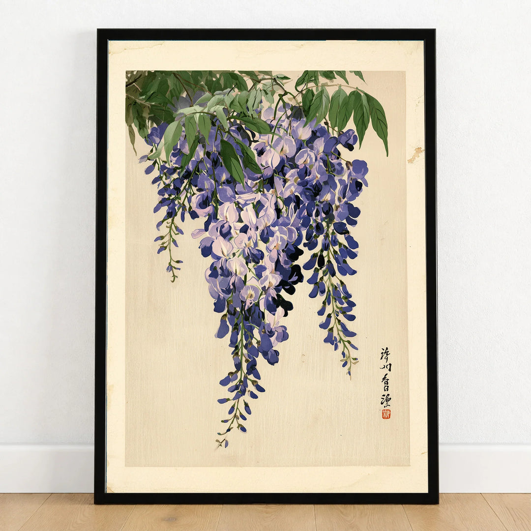 Japanese Wisteria Art Print – Vintage Botanical Wall Art — art print in black frame on wooden floor