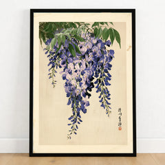 Japanese Wisteria Art Print – Vintage Botanical Wall Art — art print in black frame on wooden floor