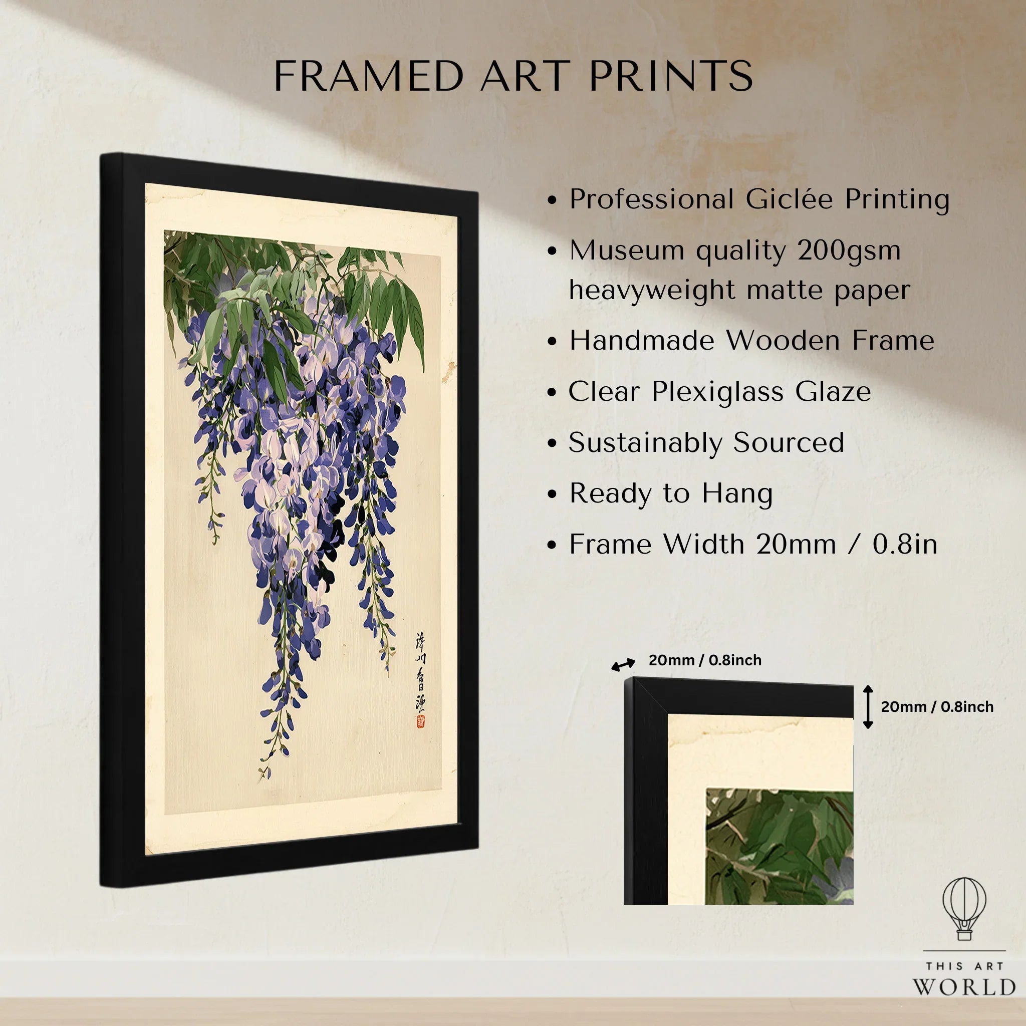 Japanese Wisteria Art Print – Vintage Botanical Wall Art — framed print details measurements quality details