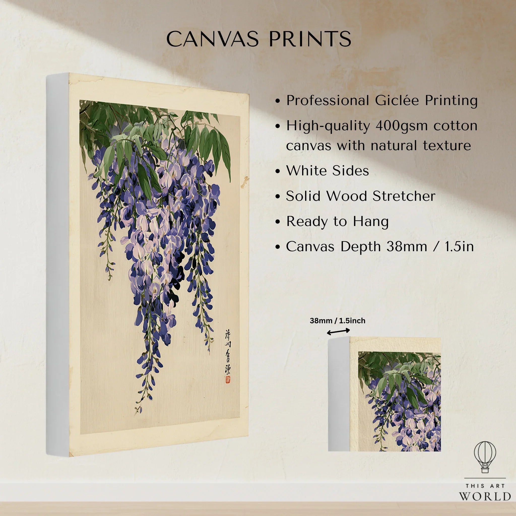 Japanese Wisteria Art Print – Vintage Botanical Wall Art — canvas print stretched cotton canvas details
