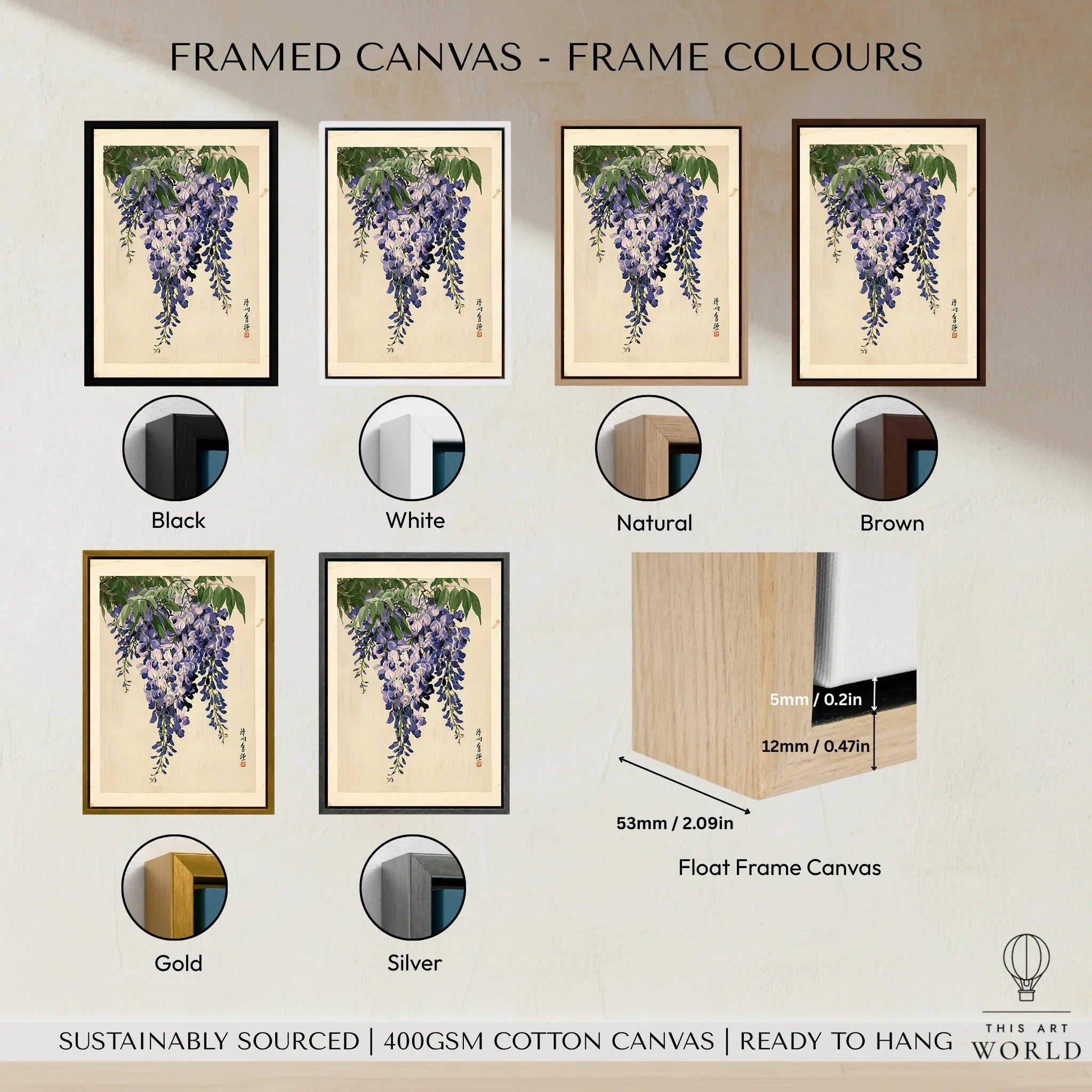 Japanese Wisteria Art Print – Vintage Botanical Wall Art — framed canvas float frame colour options