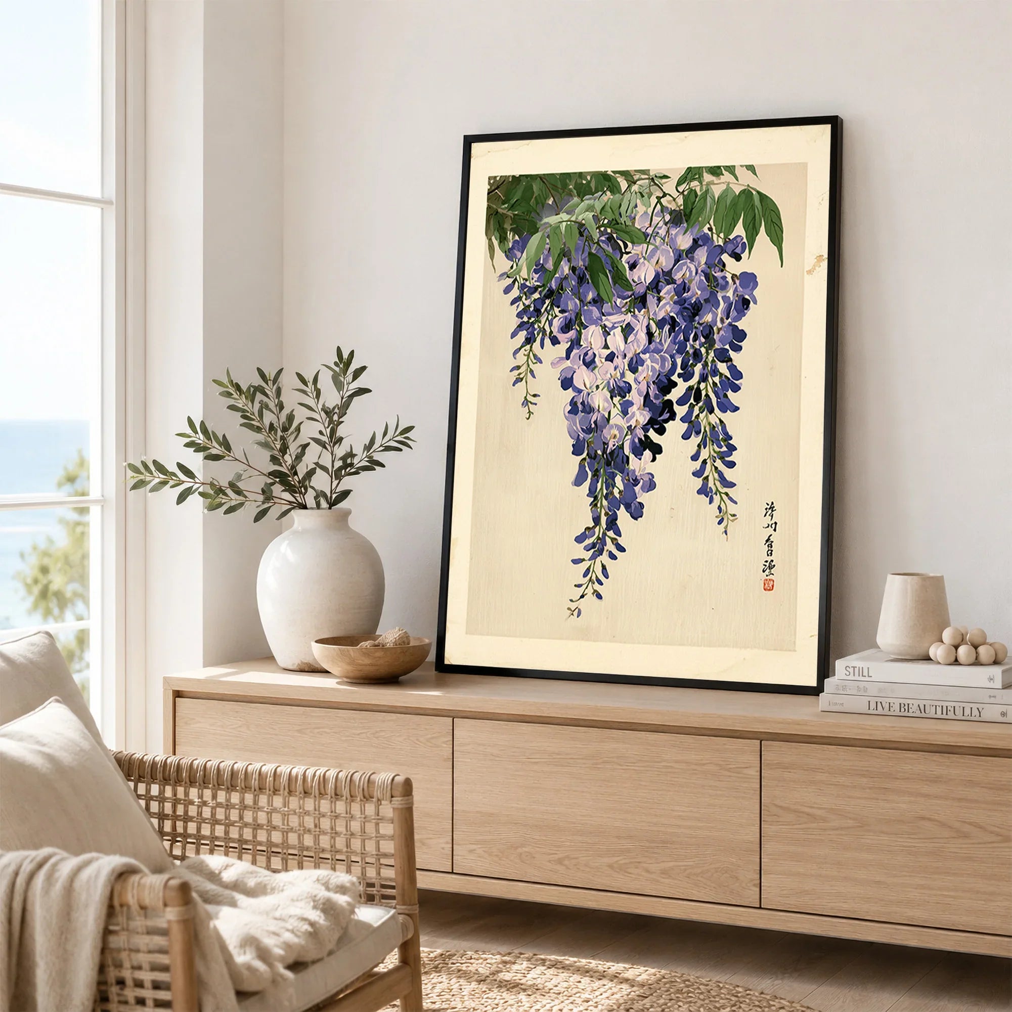 Japanese Wisteria Art Print – Vintage Botanical Wall Art — framed artwork living room lifestyle setting