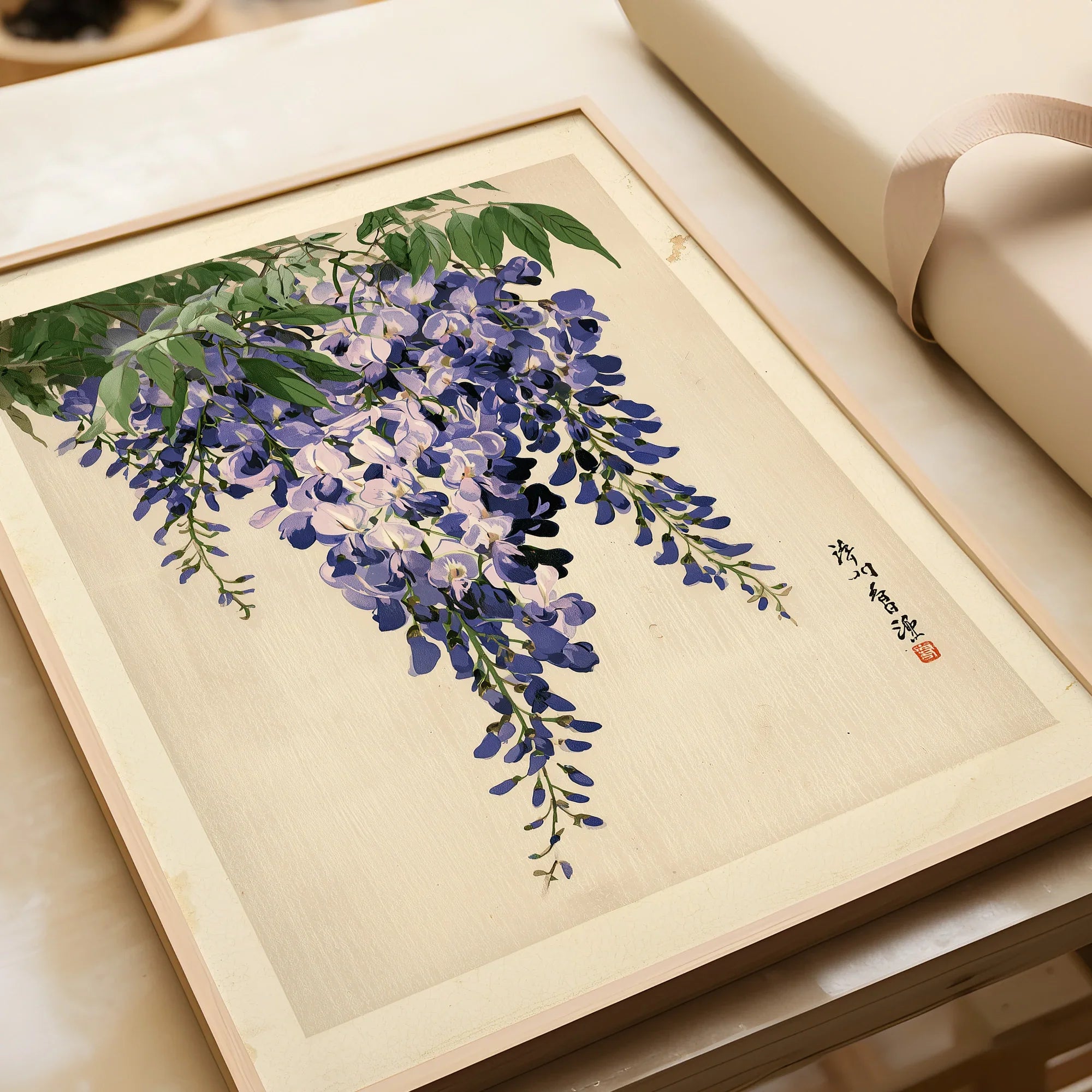 Japanese Wisteria Art Print – Vintage Botanical Wall Art — framed art print closeup gift unwrapped natural frame