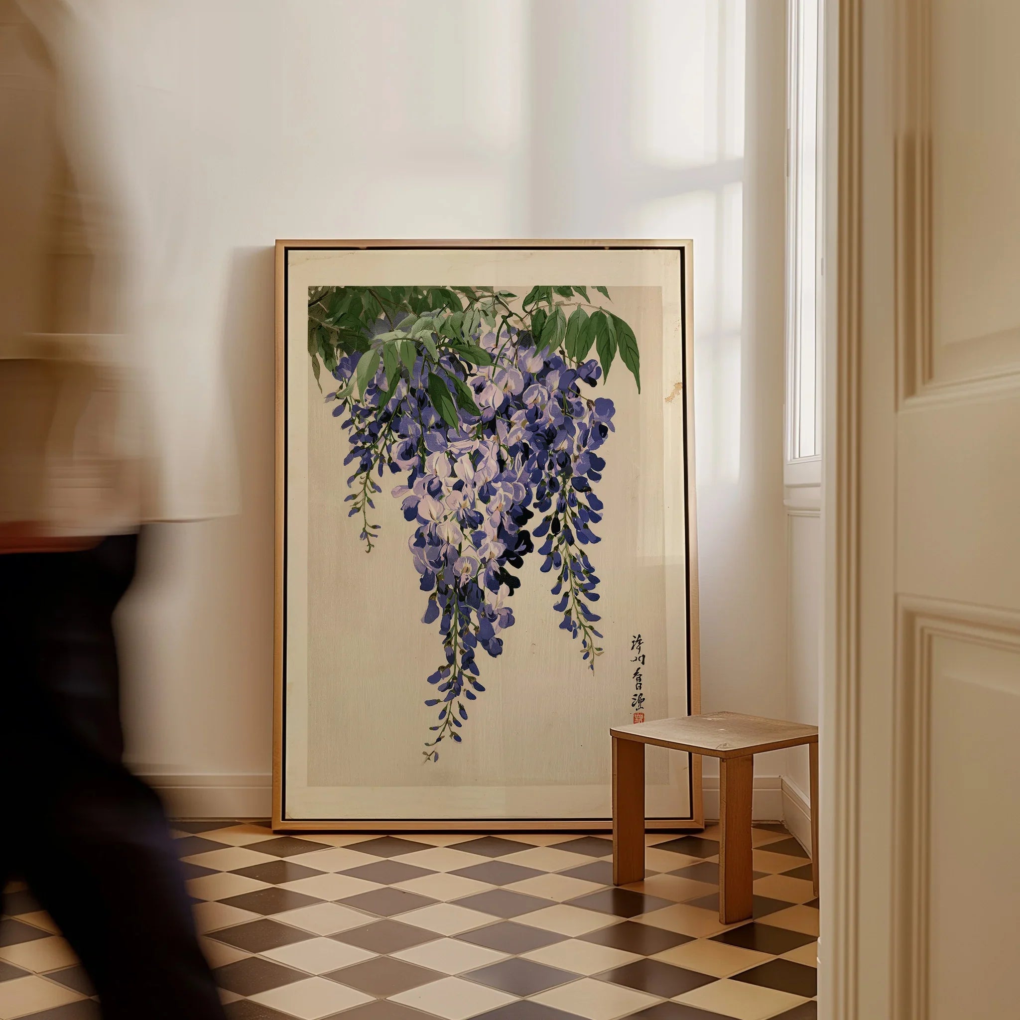 Japanese Wisteria Art Print – Vintage Botanical Wall Art — framed canvas on floor man walking past