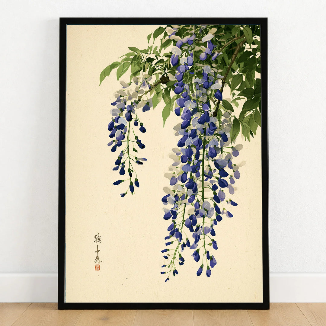Japanese Wisteria Wall Art – Vintage Purple Flower Print — art print in black frame on wooden floor