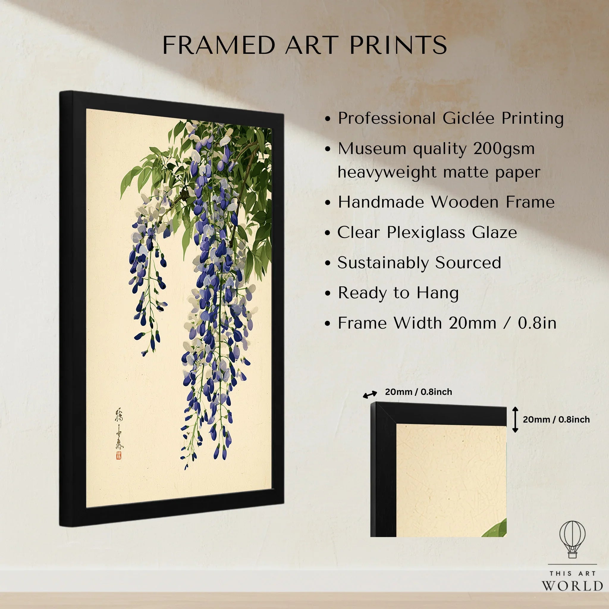 Japanese Wisteria Wall Art – Vintage Purple Flower Print — framed print details measurements quality details