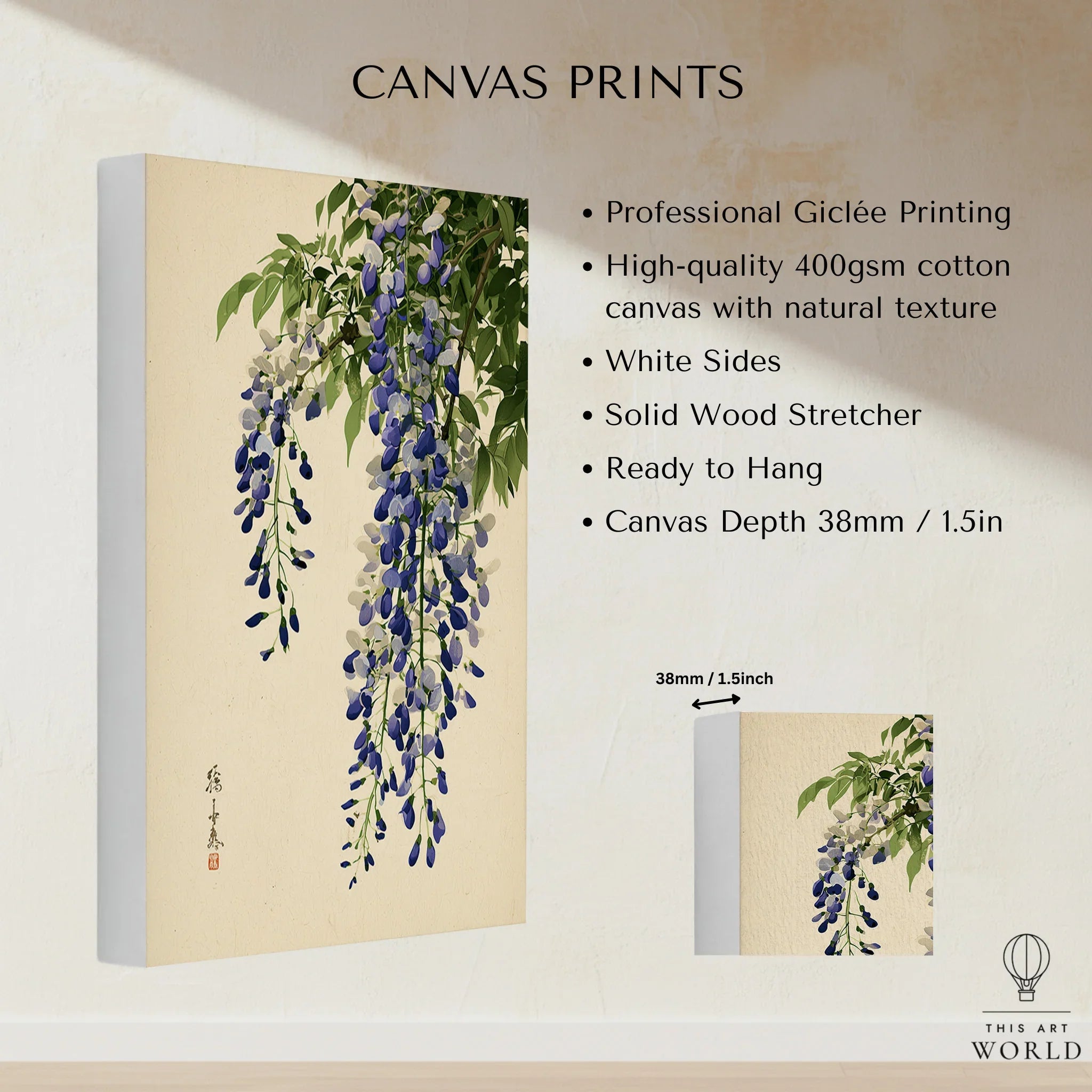 Japanese Wisteria Wall Art – Vintage Purple Flower Print — canvas print stretched cotton canvas details