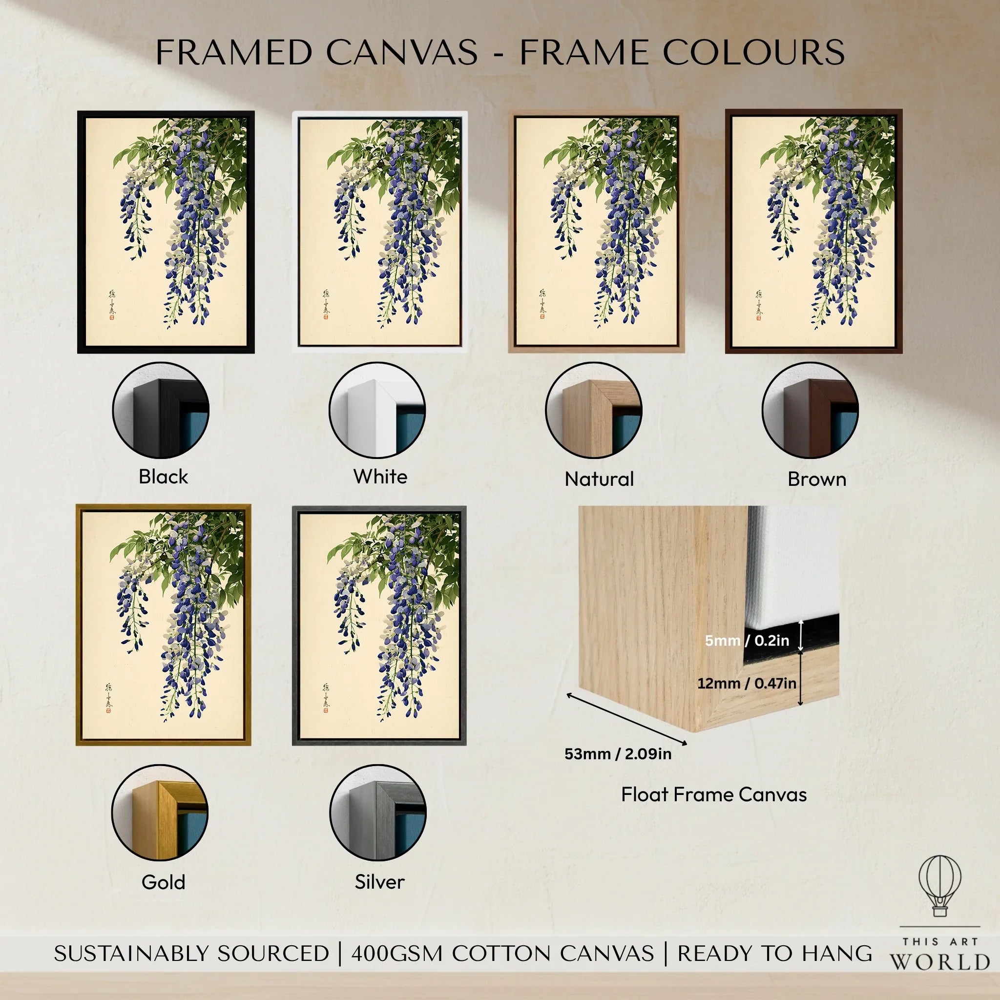 Japanese Wisteria Wall Art – Vintage Purple Flower Print — framed canvas float frame colour options