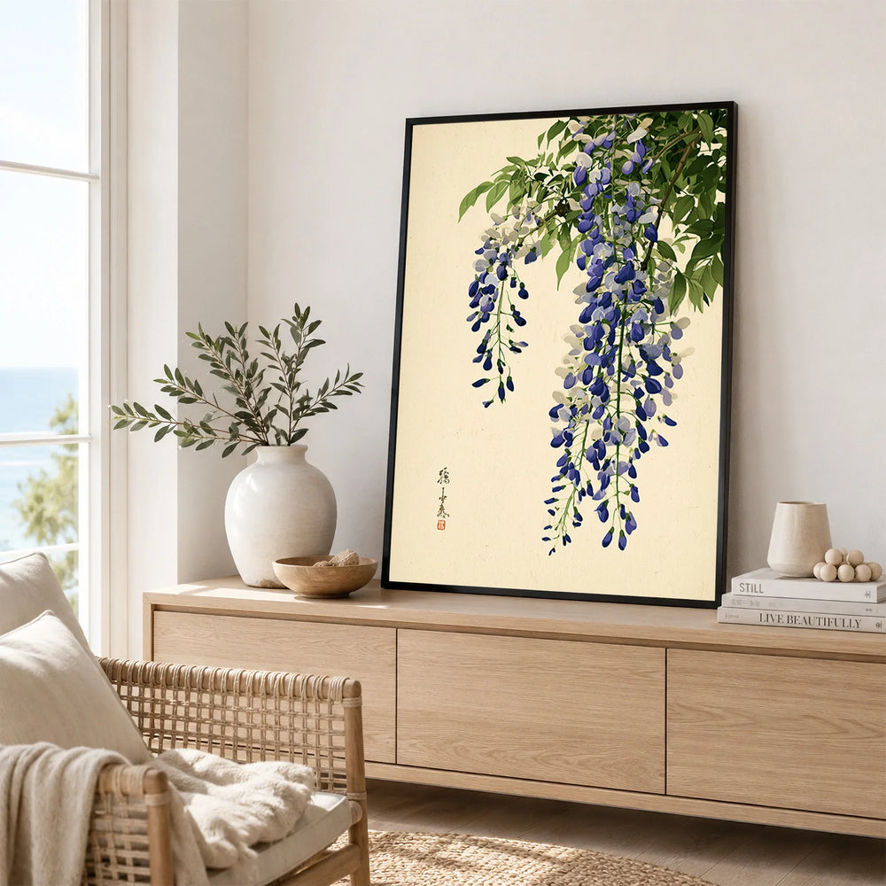 Japanese Wisteria Wall Art – Vintage Purple Flower Print — framed artwork living room lifestyle setting