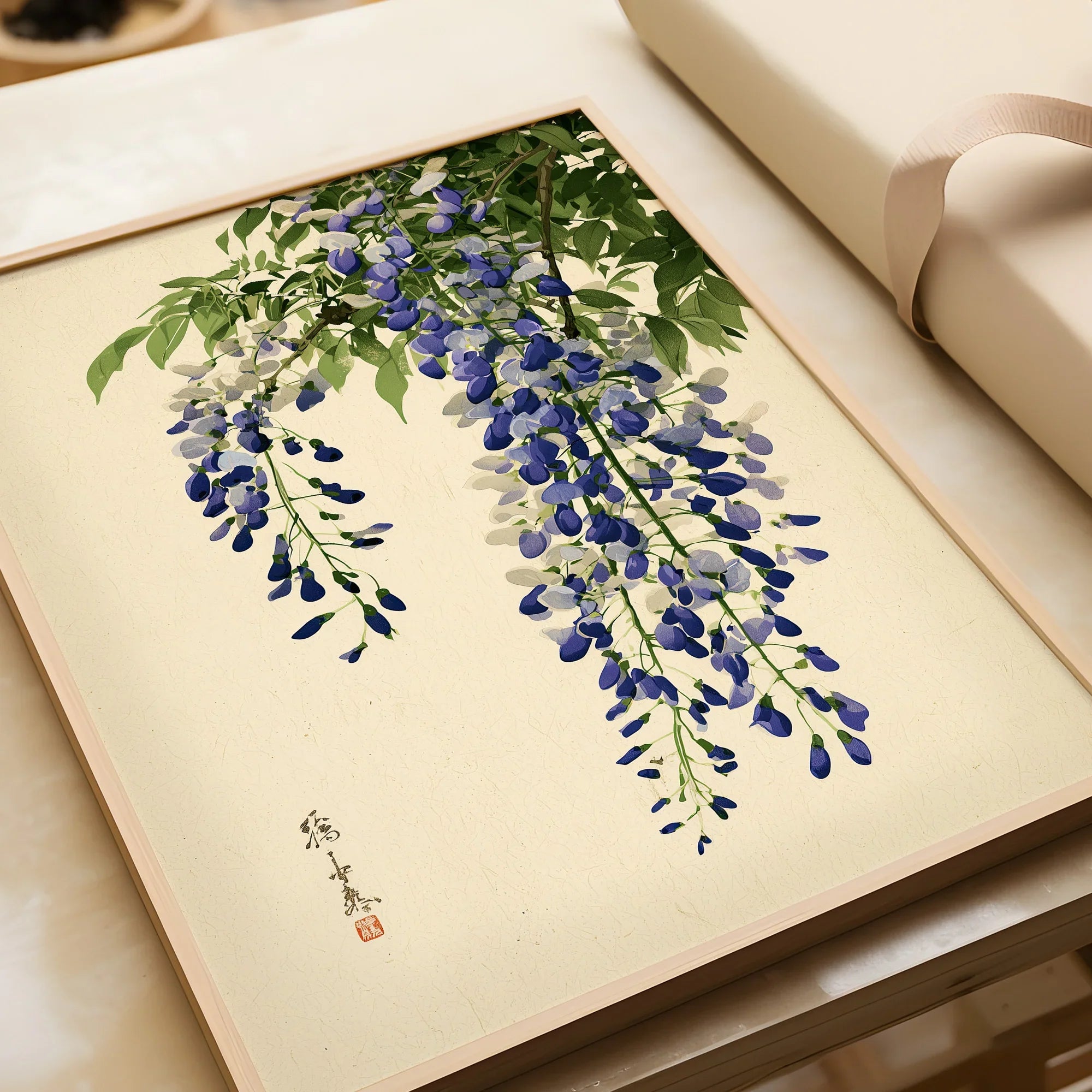 Japanese Wisteria Wall Art – Vintage Purple Flower Print — framed art print closeup gift unwrapped natural frame