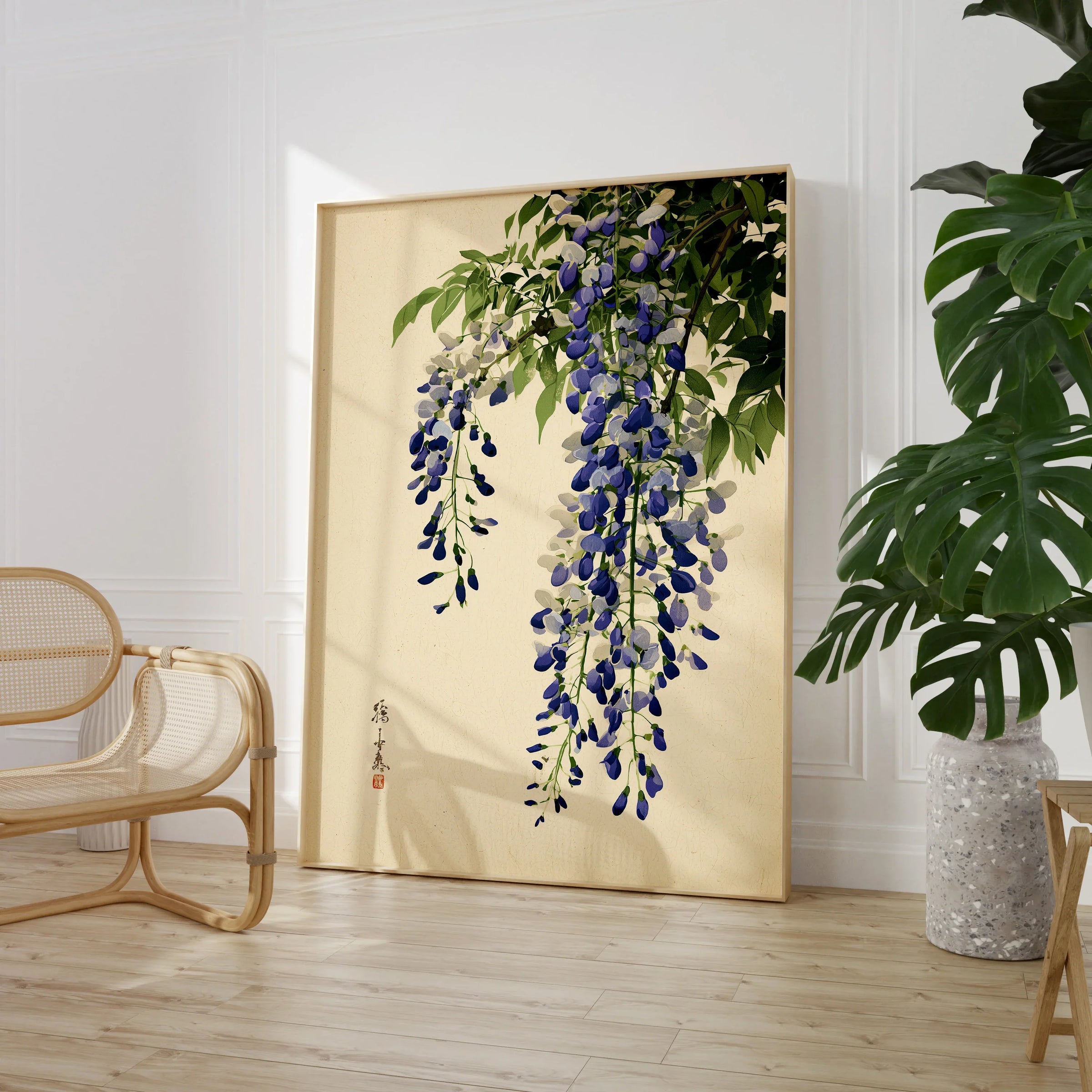 Japanese Wisteria Wall Art – Vintage Purple Flower Print — large framed print room setting chair plant