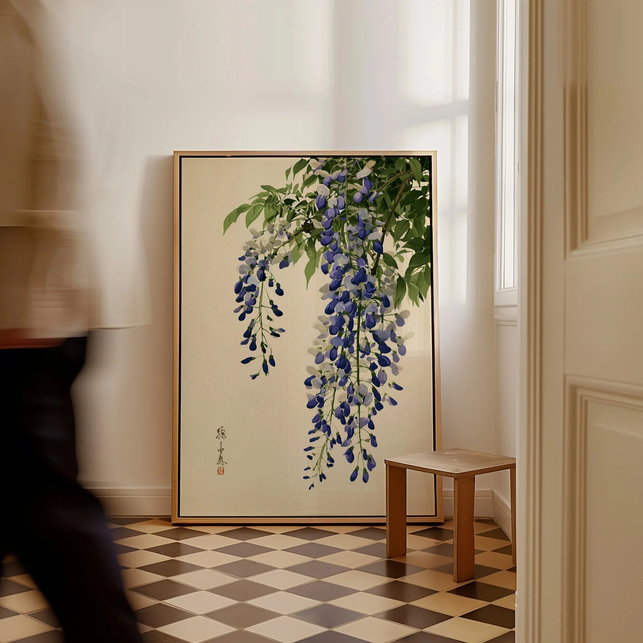 Japanese Wisteria Wall Art – Vintage Purple Flower Print — framed canvas on floor man walking past