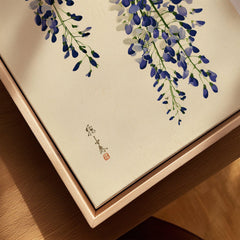 Japanese Wisteria Wall Art – Vintage Purple Flower Print — closeup framed canvas natural wood floating frame