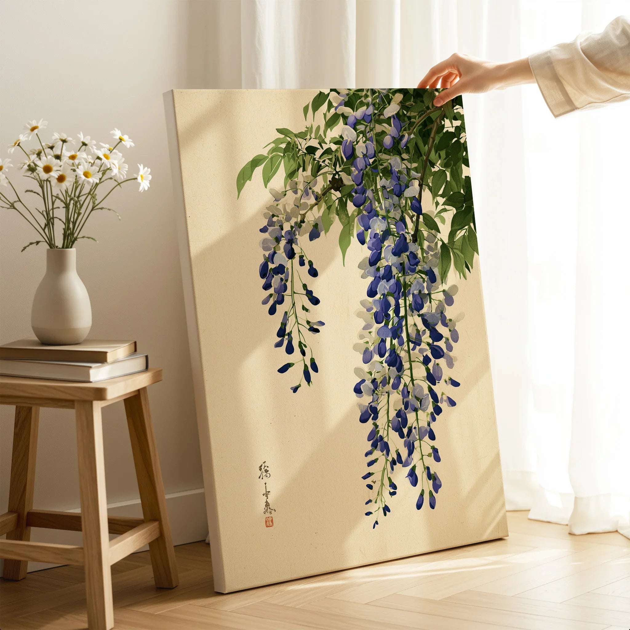 Japanese Wisteria Wall Art – Vintage Purple Flower Print — canvas print mirror edge hand holding room setting