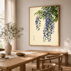 Japanese Wisteria Wall Art – Vintage Purple Flower Print — dining room framed print natural wood frame