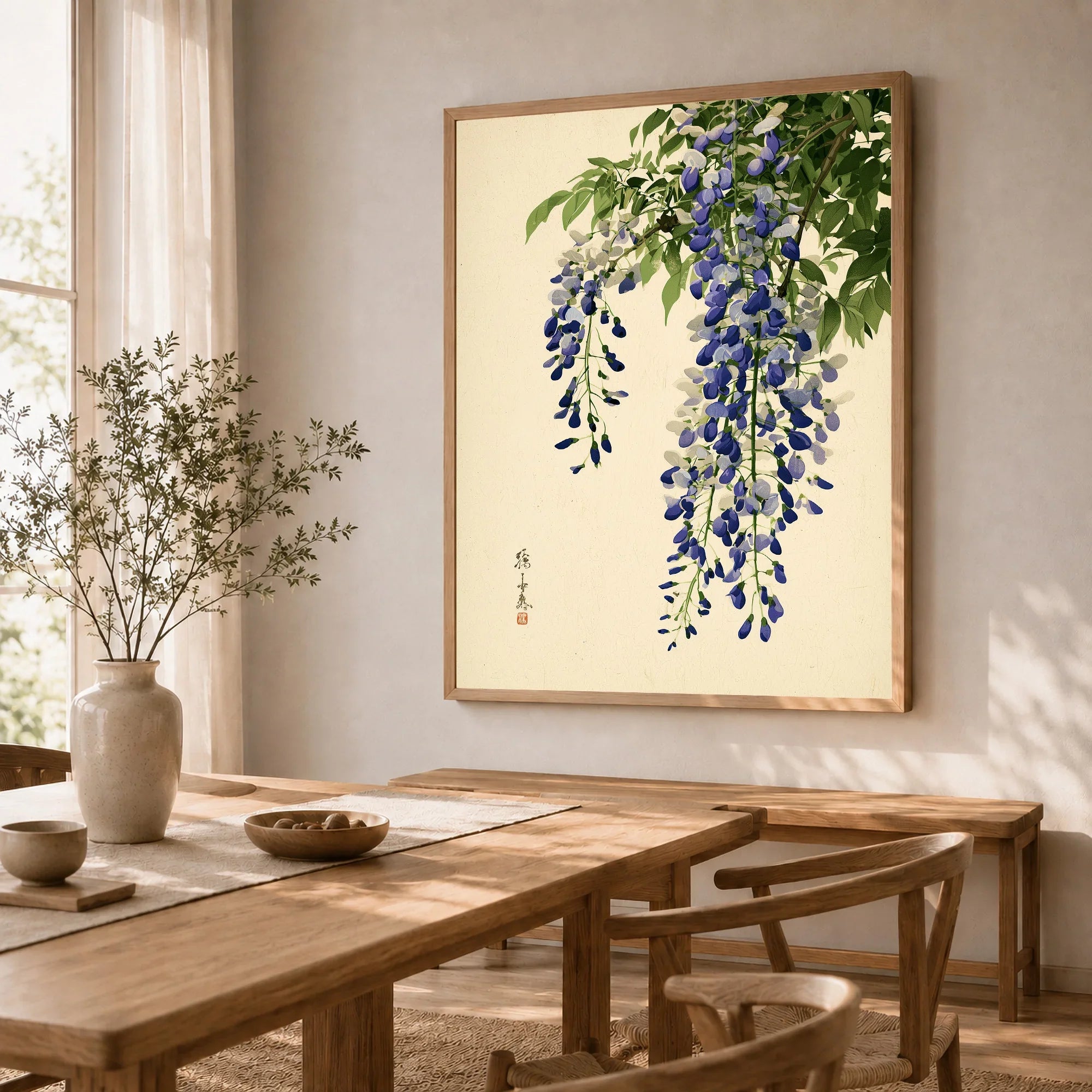 Japanese Wisteria Wall Art – Vintage Purple Flower Print — dining room framed print natural wood frame