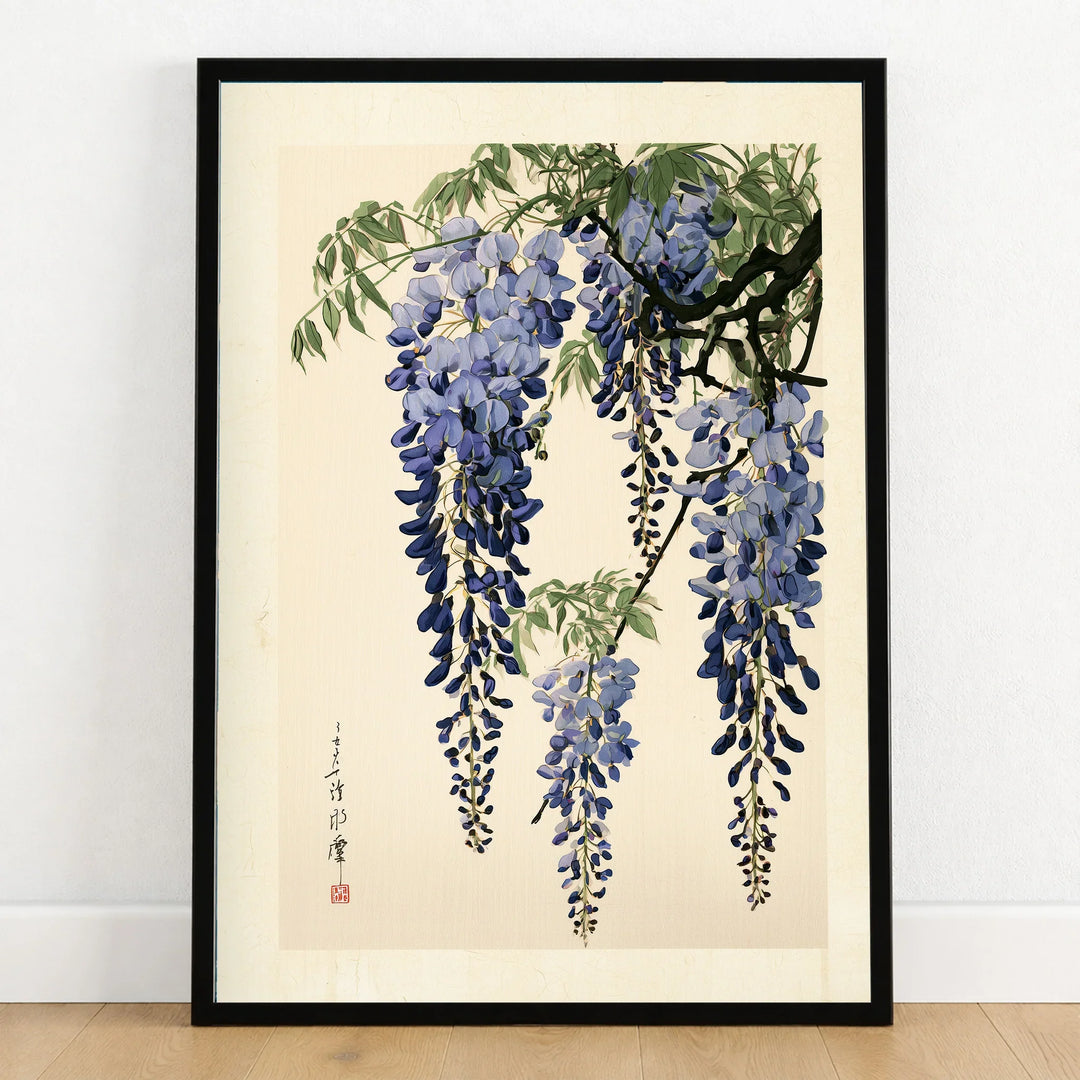 Japanese Wisteria Art Print – Blue Botanical Wall Art — art print in black frame on wooden floor
